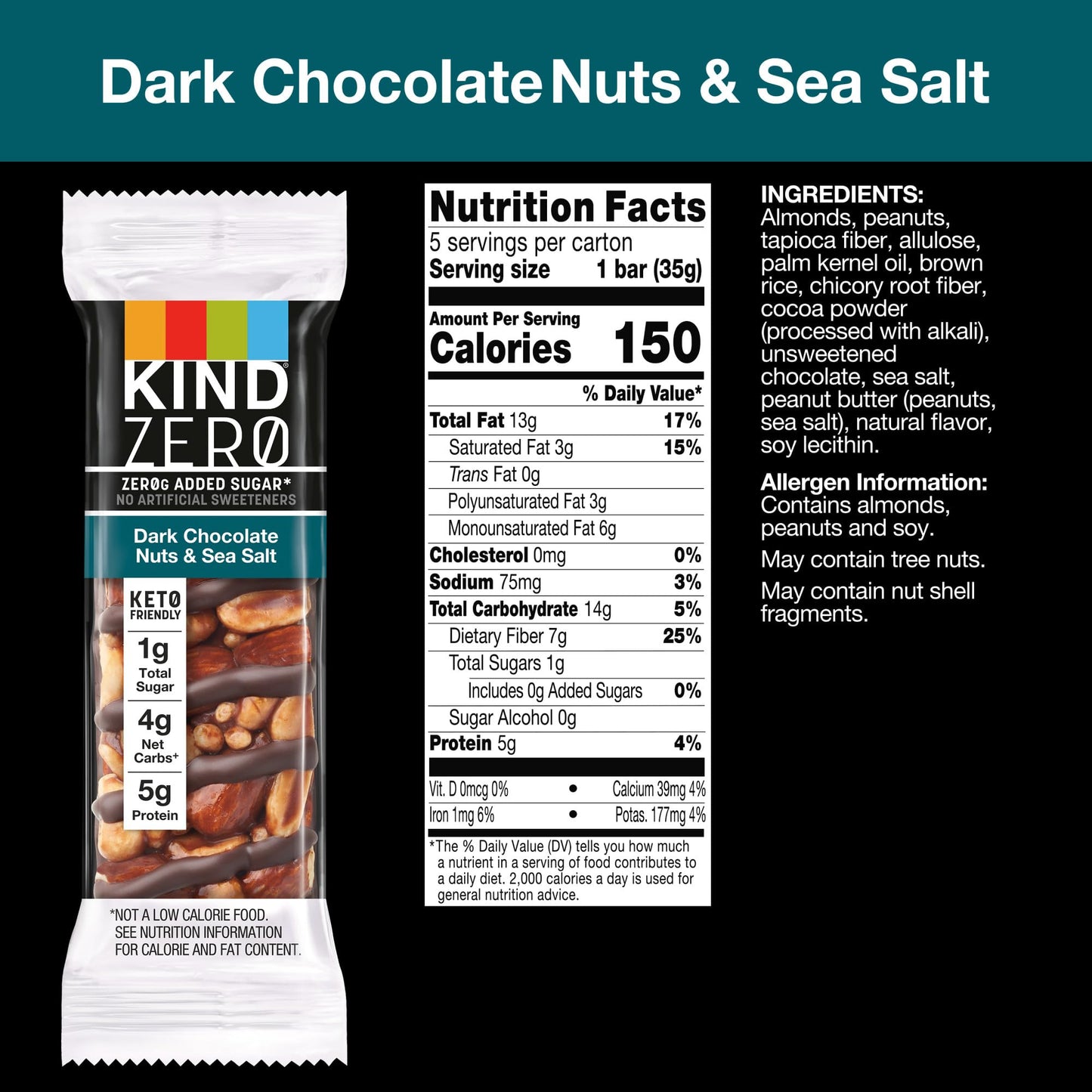 KIND ZERO Added Sugar Bars, Dark Chocolate Nuts and Sea Salt, Keto Friendly Snacks, Gluten Free, 5g Protein, 5 Count