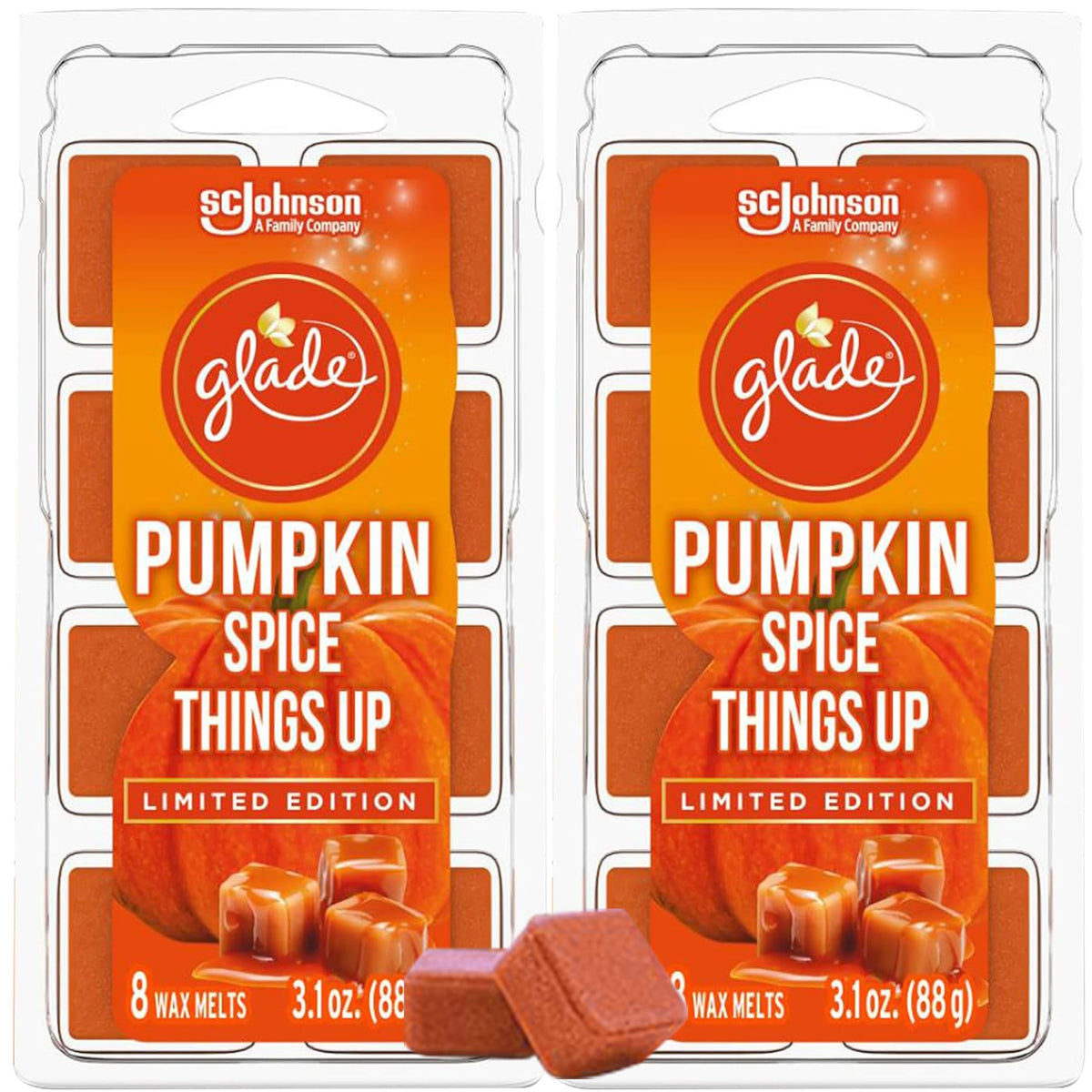 Glade Holiday Wax Melts Cubes, Pumpkin Spice Limited Edtion Scented Wax Melts for Wax Warmer and Christmas Home Fragrance, 8 Count (Pack of 2), Orange