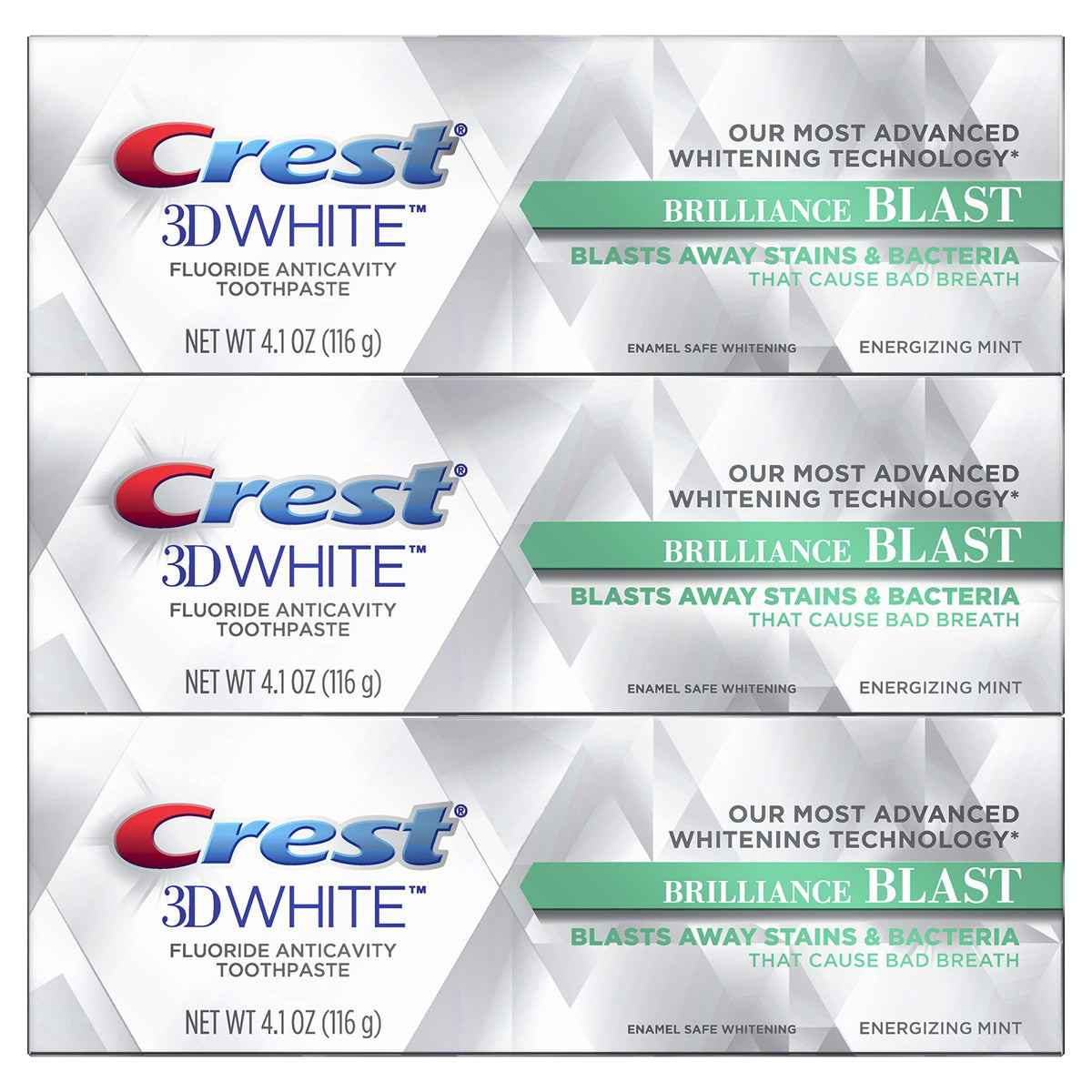 Crest 3D White Brilliance Blast Whitening Toothpaste, Energizing Mint, 3 Count