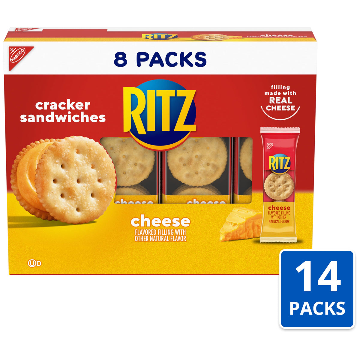 RITZ Cheese Sandwich Crackers, Lunch Snacks, 112 Snack Packs (14 Boxes, 6 Crackers Per Pack)