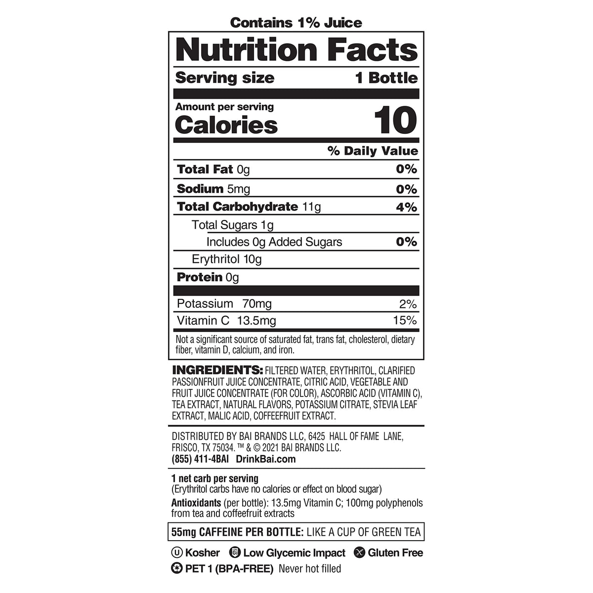 Bai Dominica Dragon Passion Fruit, Antioxidant Infused Beverage, 18 Fl Oz Bottle (Pack of 12)