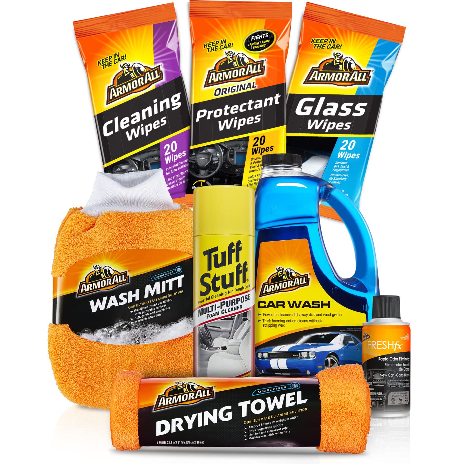 Armor All Car Wash and Cleaner Kit, Includes Cleaning Wipes for Car Interior, Cleaner Concentrate, Car Air Freshener, Microfiber Towels (8 Piece Kit)