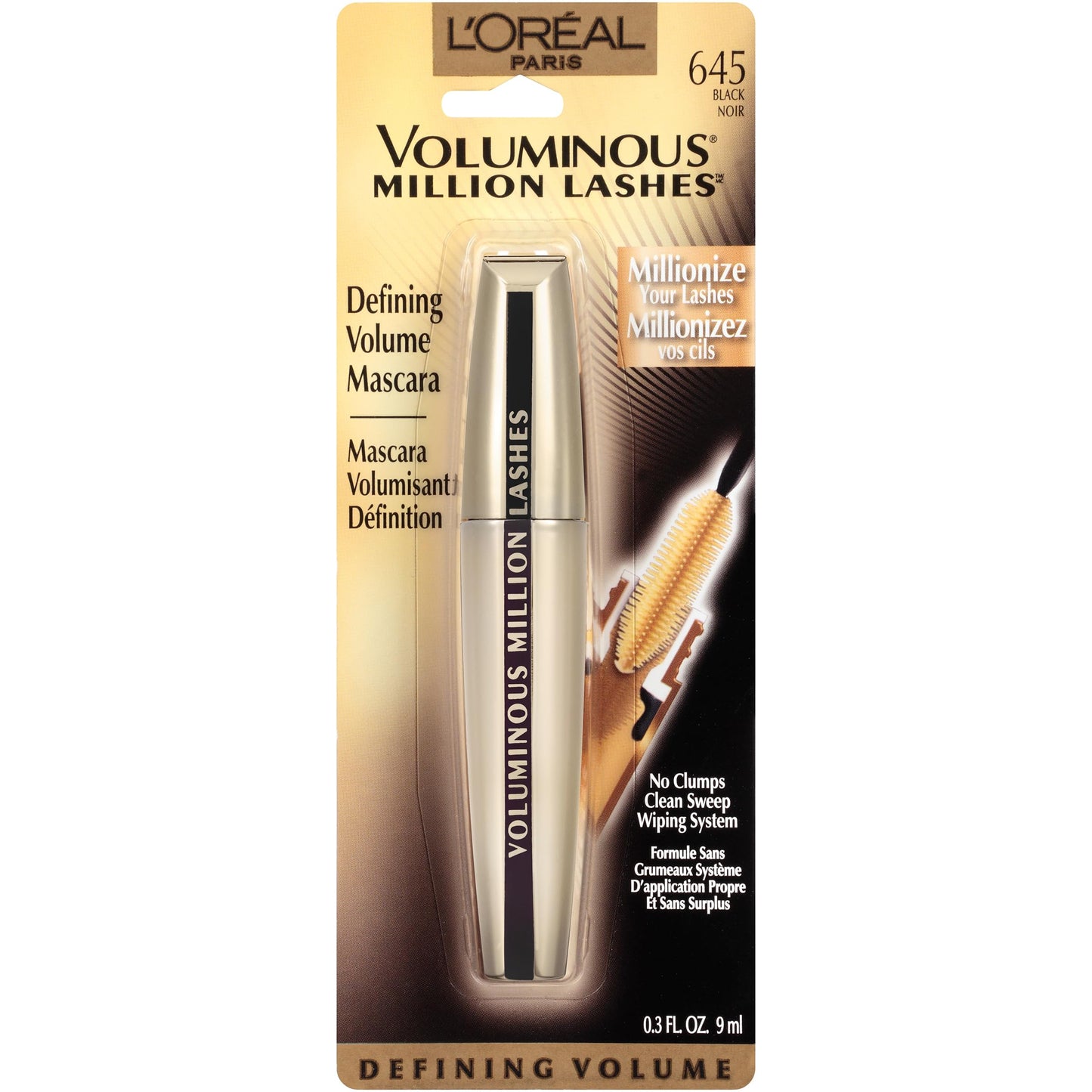 Lâ€™Oreal Paris Makeup Voluminous Million Lashes Mascara, Volumizing Collagen Infused Eye Makeup, Amplifying Mascara Brush, Washable, Black, 0.32 Fl Oz., 1 Count