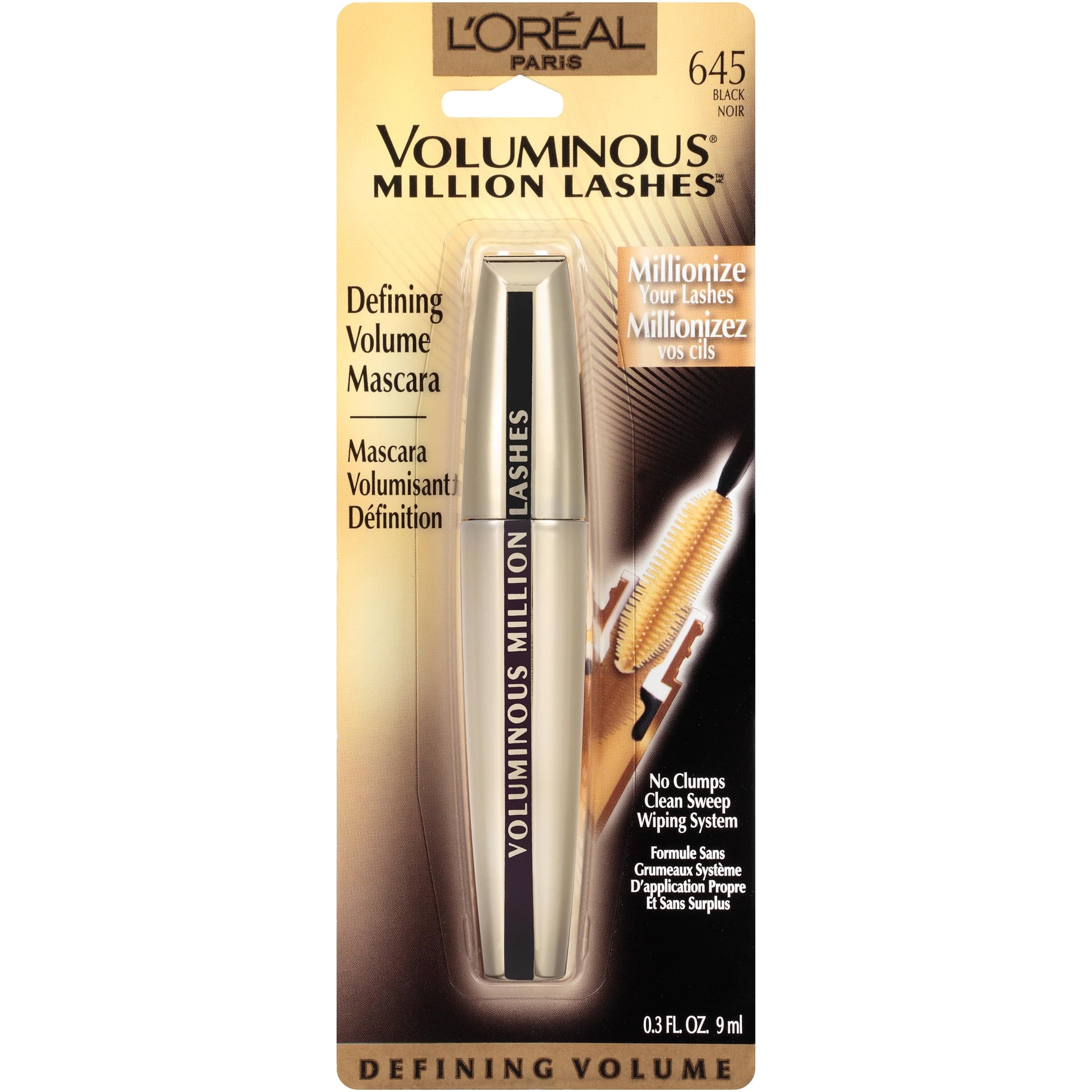 Lâ€™Oreal Paris Makeup Voluminous Million Lashes Mascara, Volumizing Collagen Infused Eye Makeup, Amplifying Mascara Brush, Washable, Black, 0.32 Fl Oz., 1 Count