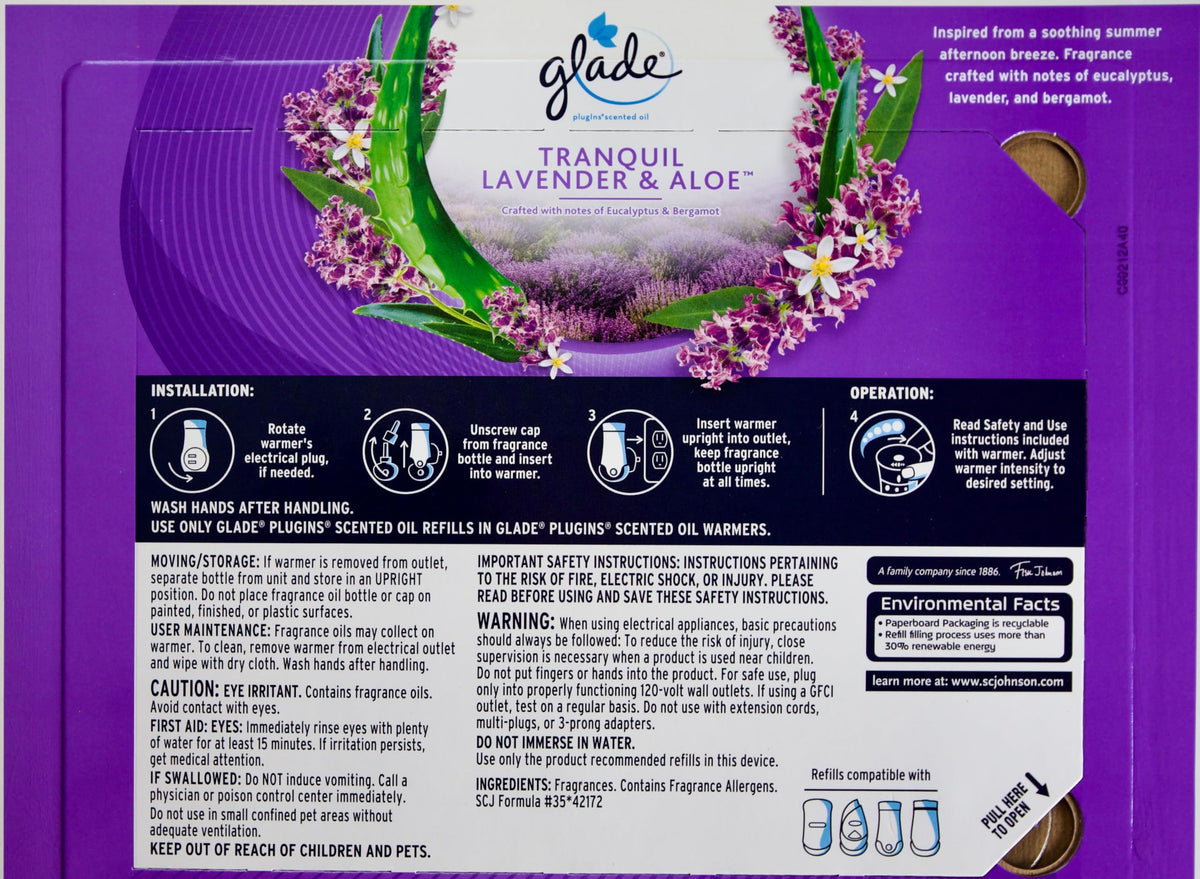 Glade Plugins Scented Oil Tranquil Lavender & Aloe, 9 Refills + 1 Warmer, Purple