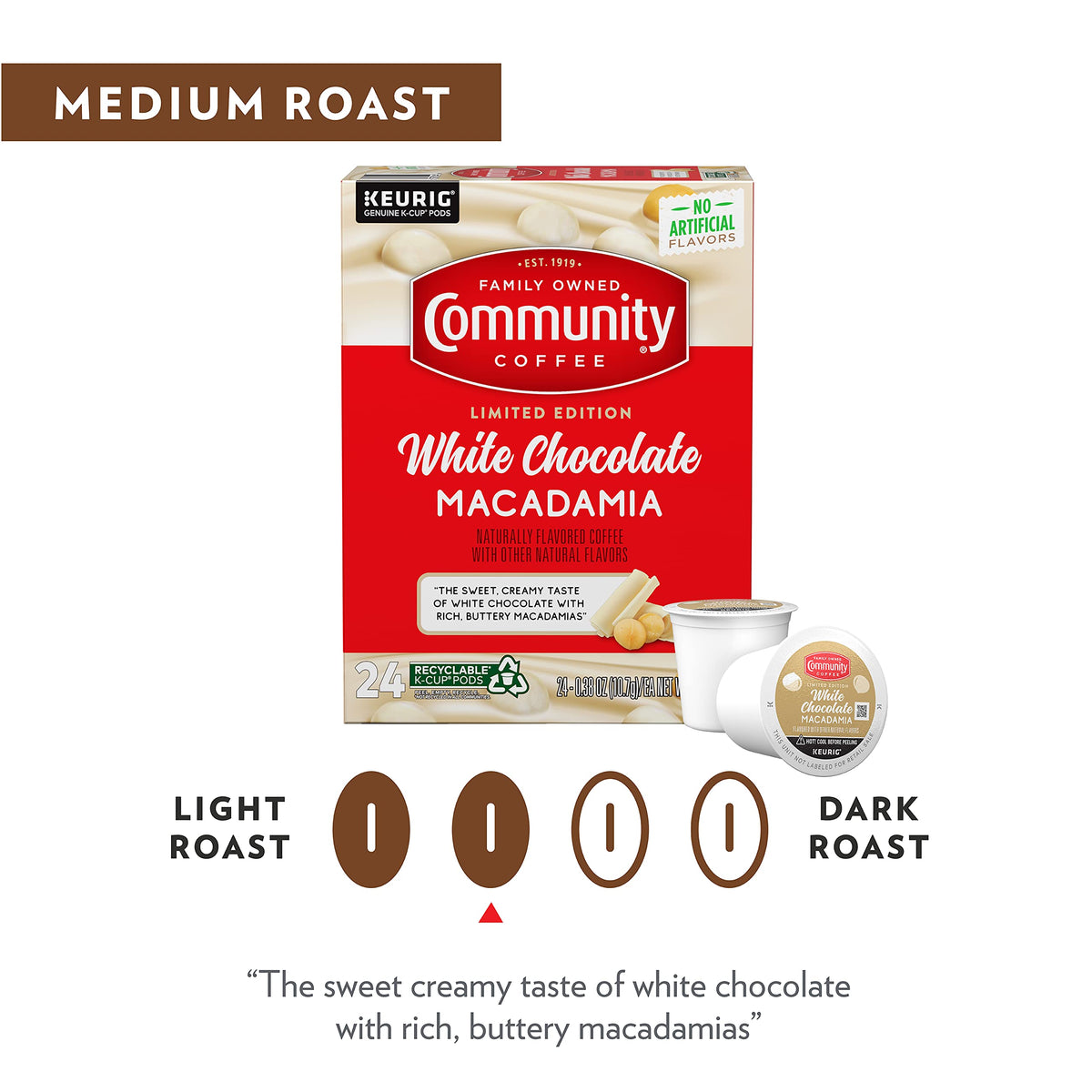 Community Coffee Limited Edition White Chocolate Macadamia 96 count Flavored Coffee Pods, Medium Roast Compatible with Keurig 2.0 K-Cup Brewers, 24 count (Pack of 4)