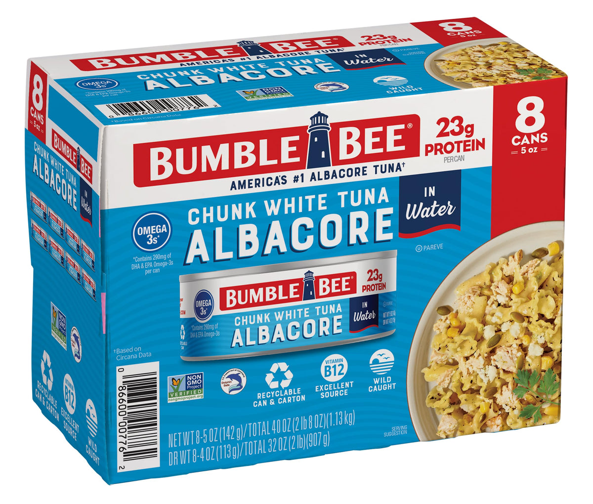 Bumble Bee Chunk White Albacore Tuna in Water, 5 oz Can (Pack of 8) - Wild Caught Tuna - 23g Protein per Serving, High in Omega-3s - Non-GMO Project Verified, Gluten Free, Kosher