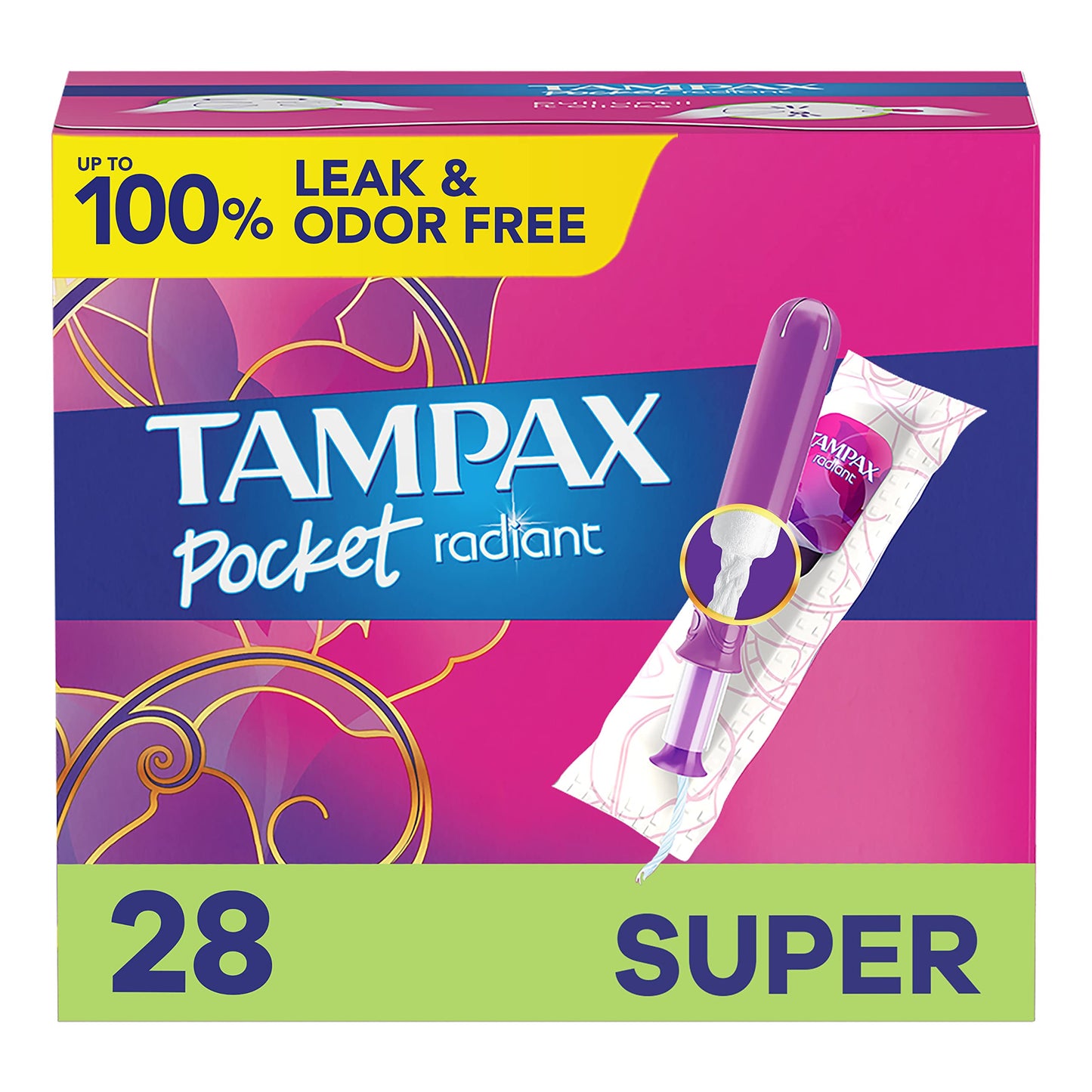 Tampax Compact Radiant Tampons, with LeakGuard Braid & Extendable Applicator, Super Absorbency, Unscented, 84 Count (3 Packs of 28)