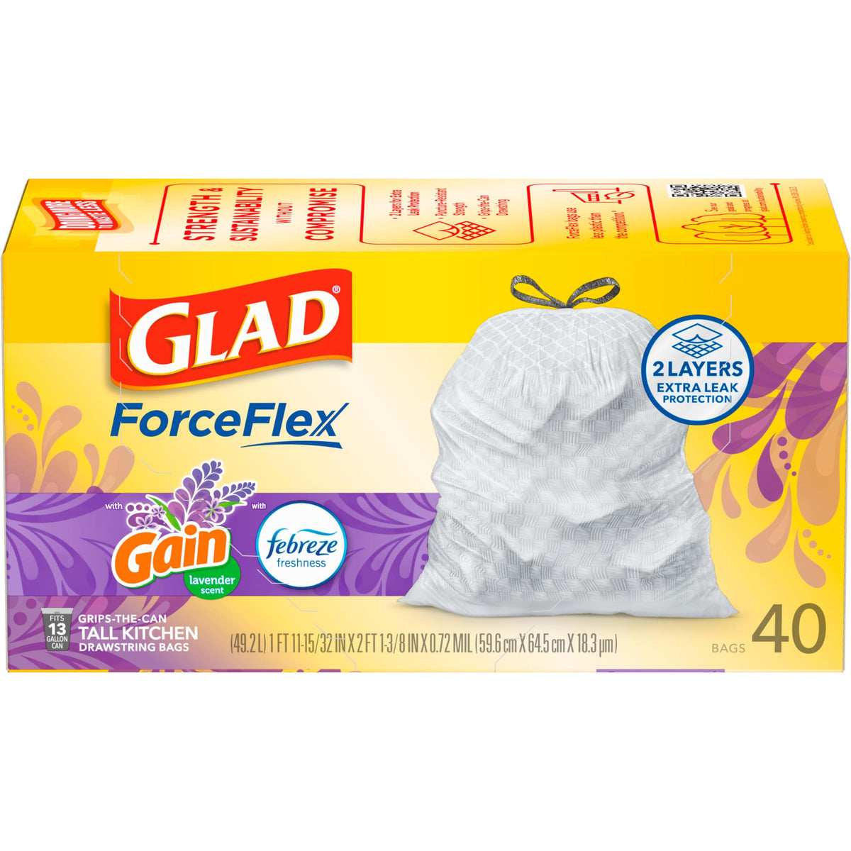 Glad ForceFlex Tall Kitchen Trash Bags, 13 Gallon, Gain Lavender, 40 Count (Package May Vary)