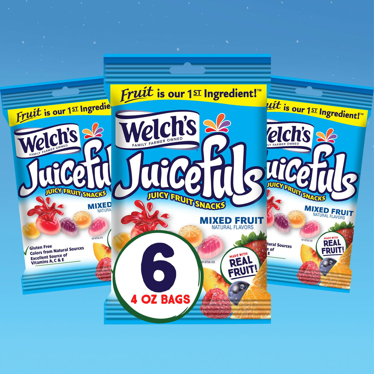 Welch's Juicefuls Juicy Fruit Snacks, Mixed Fruit, Fruit Gushers, Gluten Free, 4 Oz Sharing Size Bags (Pack of 6)