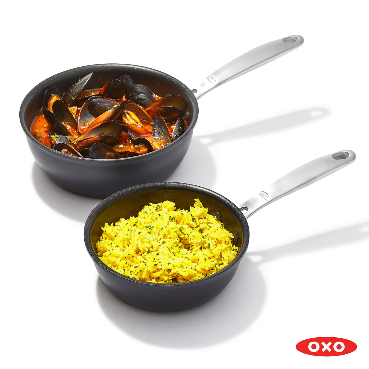 OXO Good Grips Pro 1QT and 2QT Saucepan Pot Set with Lids, 3-Layered German Engineered Nonstick Coating, Stainless Steel Handles, Black
