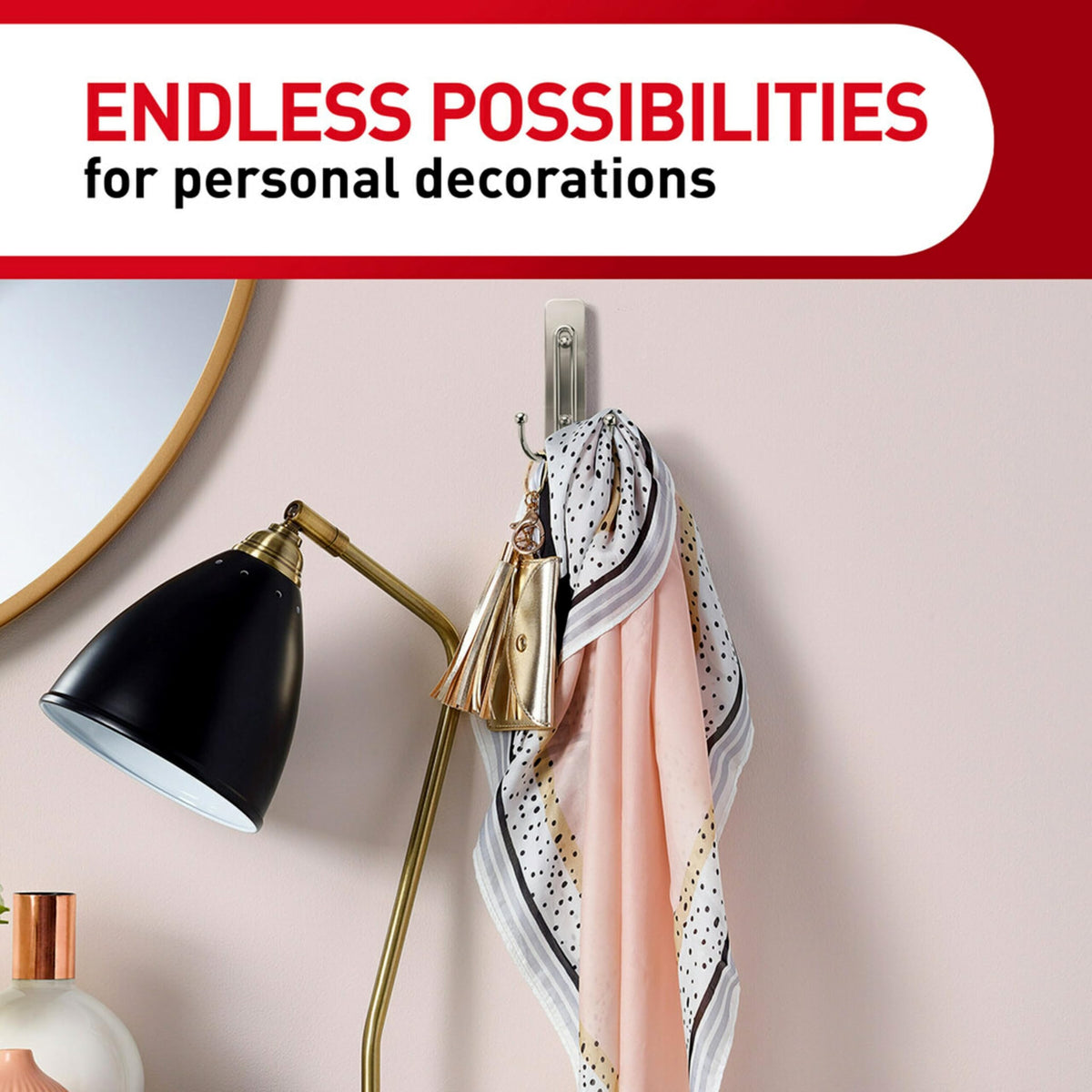 Command Large Double Wall Hook, Brushed Nickel, Decorate Damage-Free