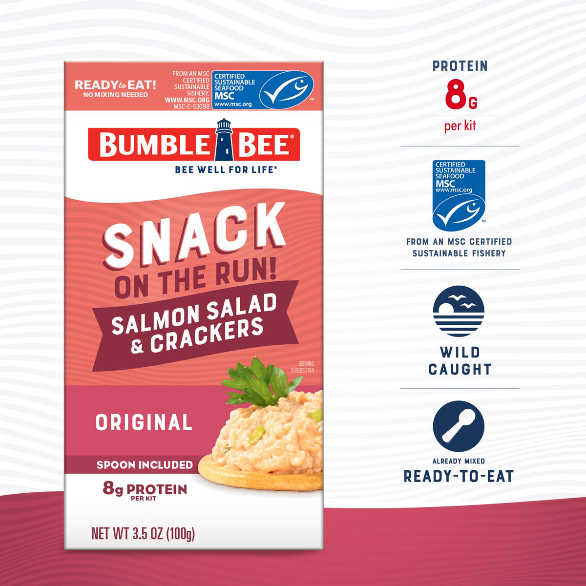 Bumble Bee Snack On The Run Salmon Salad with Crackers Kit (Pack of 12) - Ready to Eat Protein Snack Pack - 8g Protein per Box - Wild Caught MSC Certified Seafood
