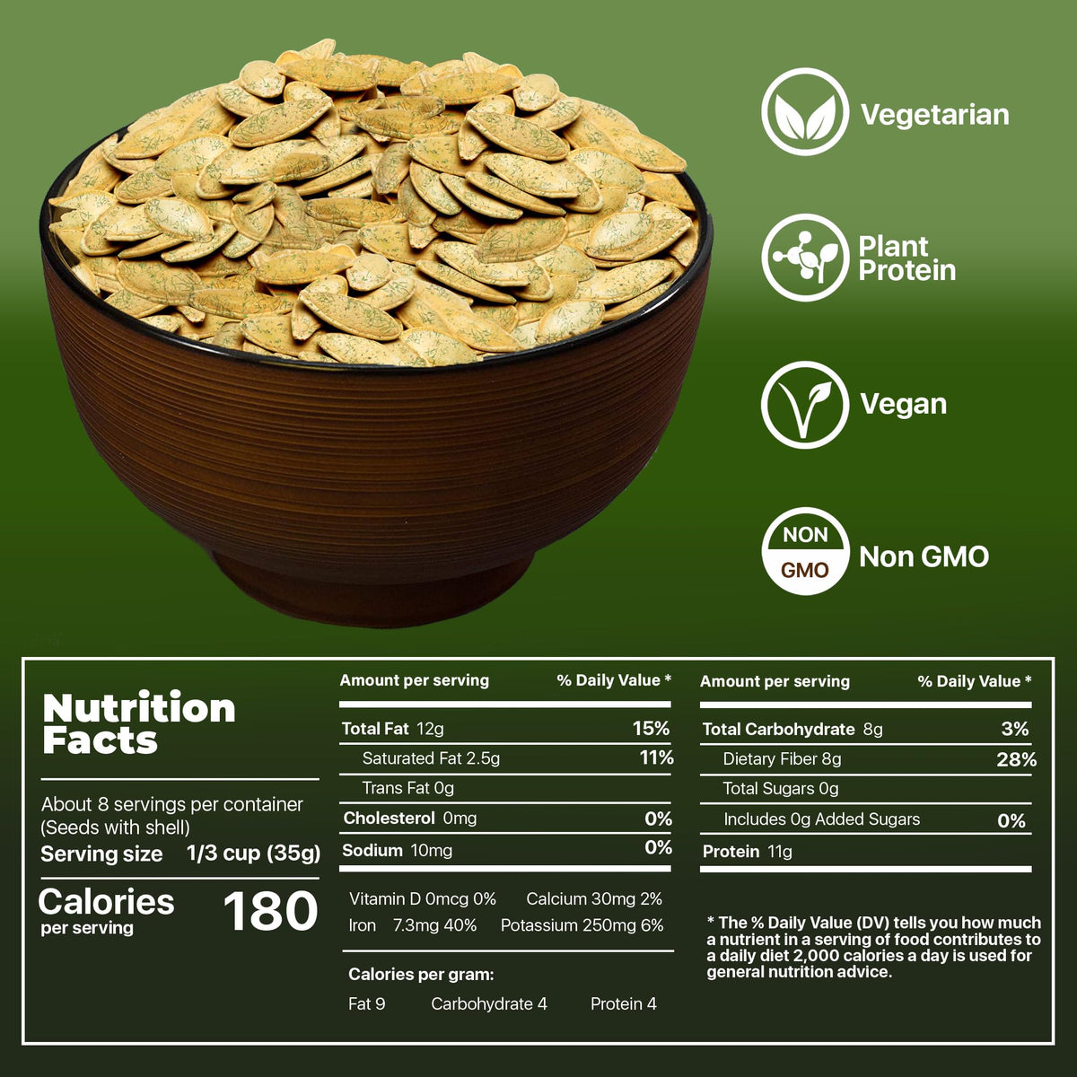 PREMIUM ORCHARD Flavored Pumpkin Seeds Oven Roasted | Dill Flavor | High Protein Snacks for Kids and Adults | Vegan Snack | Non GMO | KETO