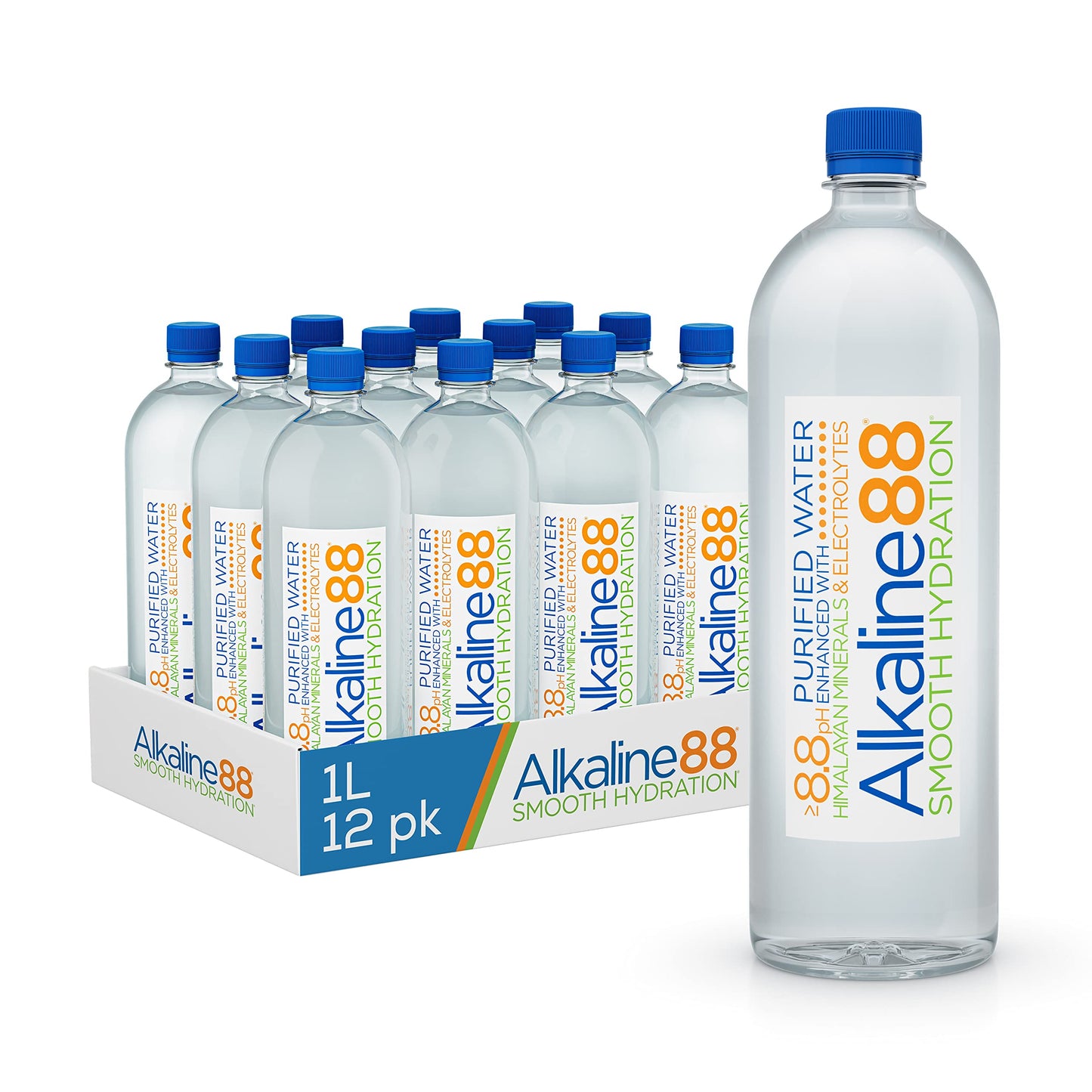 Alkaline88 Purified Ionized Water with Himalayan Minerals & Electrolytes for smooth taste; (12 pack) 1-Liter bottled water; Perfectly balanced for your body with 8.8ph;100% Recyclable.