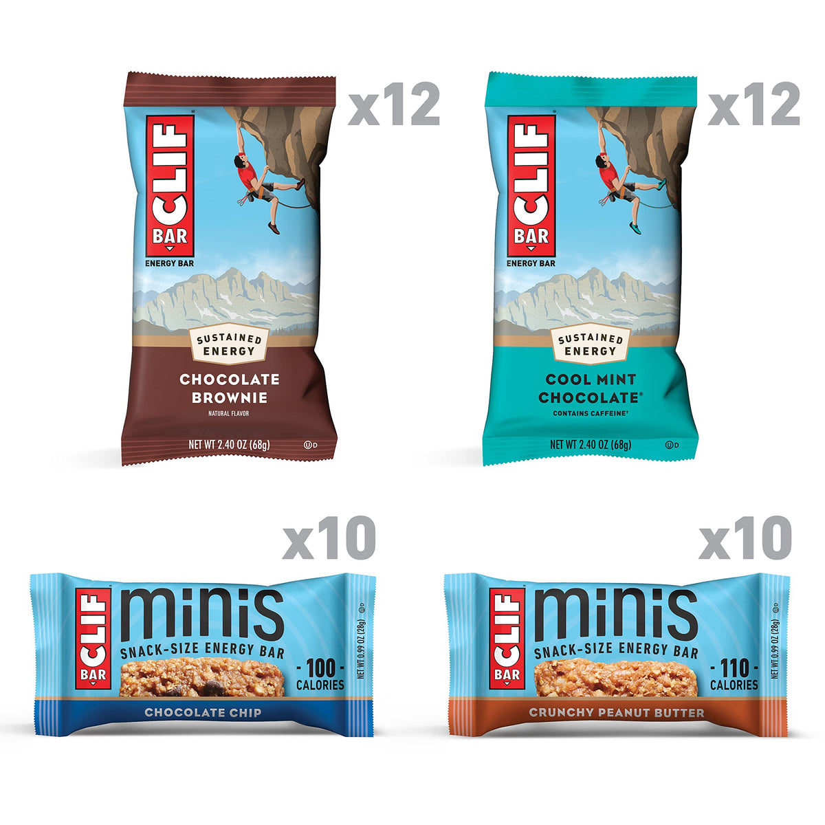 Clif Bar - 24 Full Size and 20 Mini Energy Bars - Chocolate Chip, Crunchy Peanut Butter, Chocolate Brownie, Cool Mint Chocolate (2.4oz and 0.99oz Protein Bars, 44 Count)