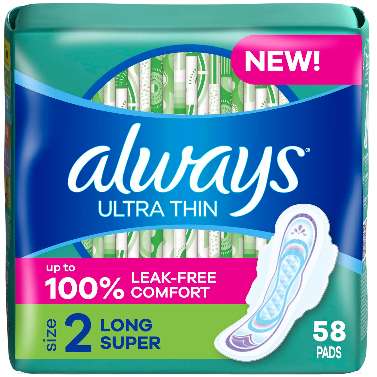Always Ultra Thin Pads with Wings, Size 2, Long Super, 58 Count