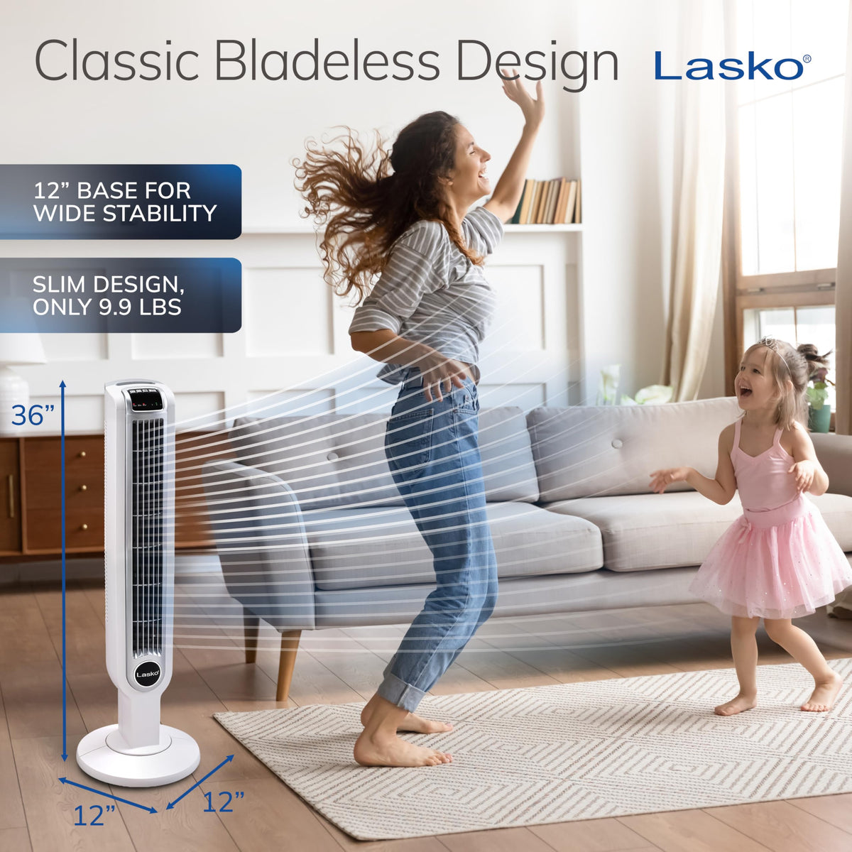 Lasko Oscillating Tower Fan with Remote Control, 3 Quiet Speeds, Timer for Bedroom, Kitchen, Office Use, White, 36" 2510
