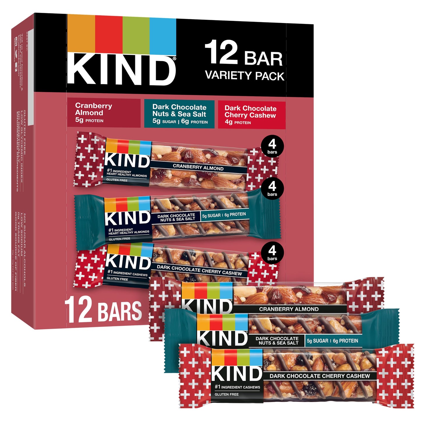 KIND Nut Bars, Cranberry Almond, Dark Chocolate Nuts & Sea Salt, and Dark Chocolate Cherry Cashew, Healthy Snack Bars, Gluten Free, Low Sugar, 4-6g Protein, 12 Count