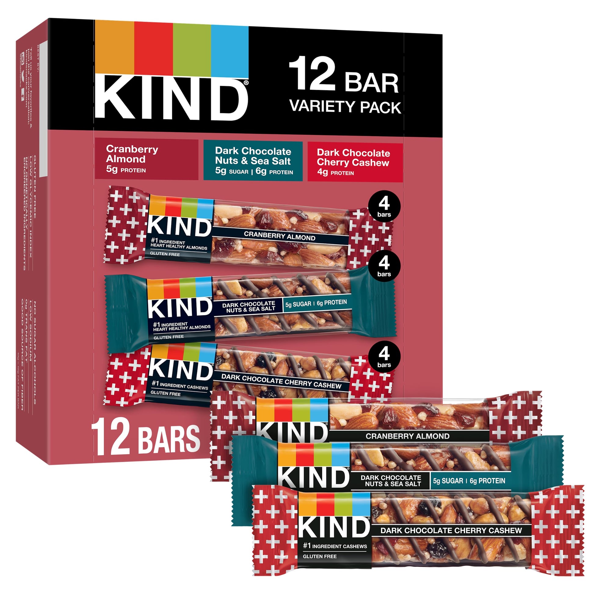 KIND Nut Bars, Cranberry Almond, Dark Chocolate Nuts & Sea Salt, and Dark Chocolate Cherry Cashew, Healthy Snack Bars, Gluten Free, Low Sugar, 4-6g Protein, 12 Count