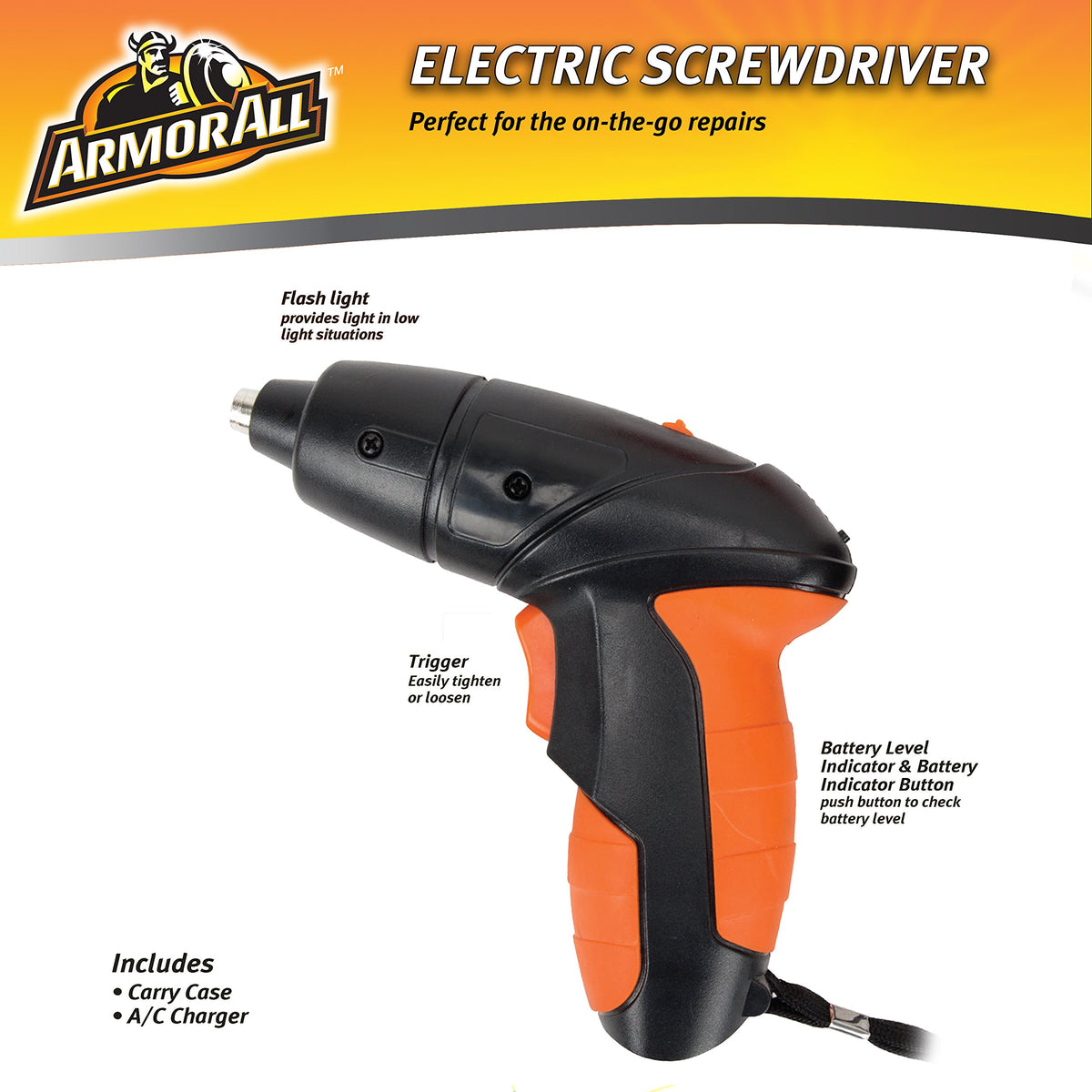 Armor All Electric Screwdriver Cordless Kit, Lithium Power Rechargeable 4.8-Volt, Best, Bits, With Case