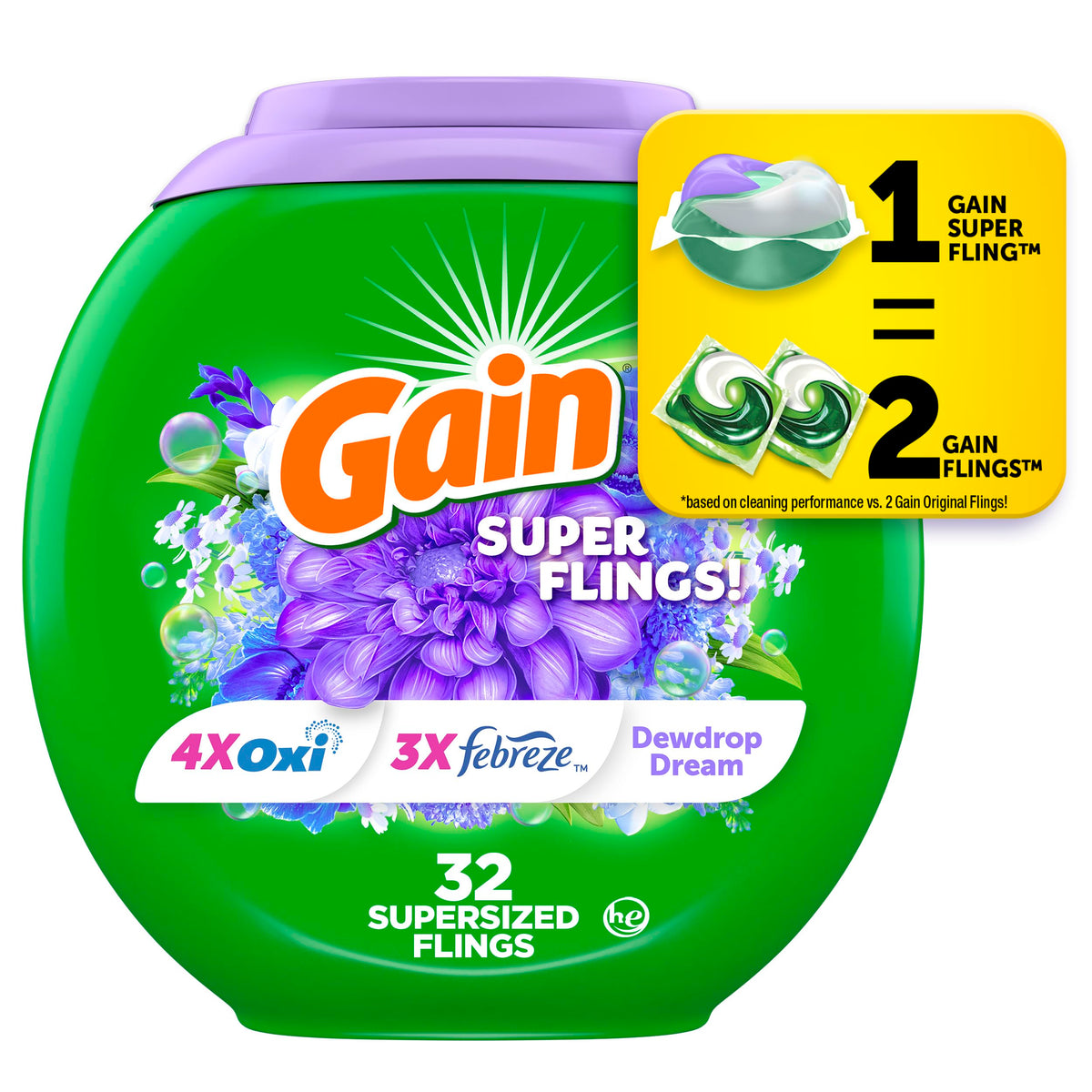 Gain Super Sized Flings Laundry Detergent Pacs, 32 Count, Dewdrop Dream Scent