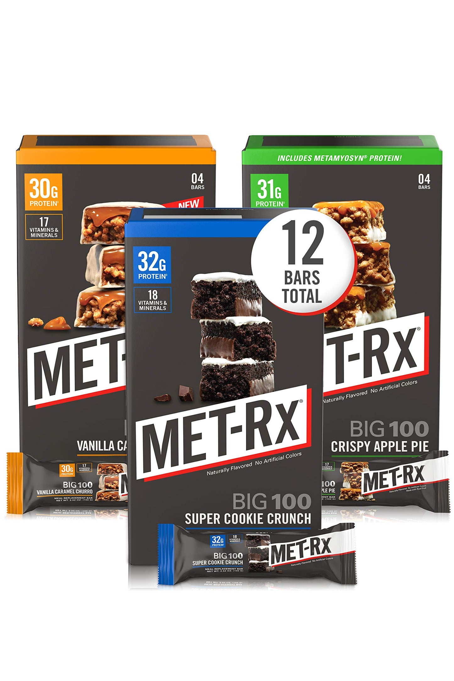 MET-Rx Big 100 Colossal Protein Bars Variety Pack, Super Cookie Crunch, Vanilla Caramel Churro, and Crispy Apple Pie Flavors, Brown, 12 Count