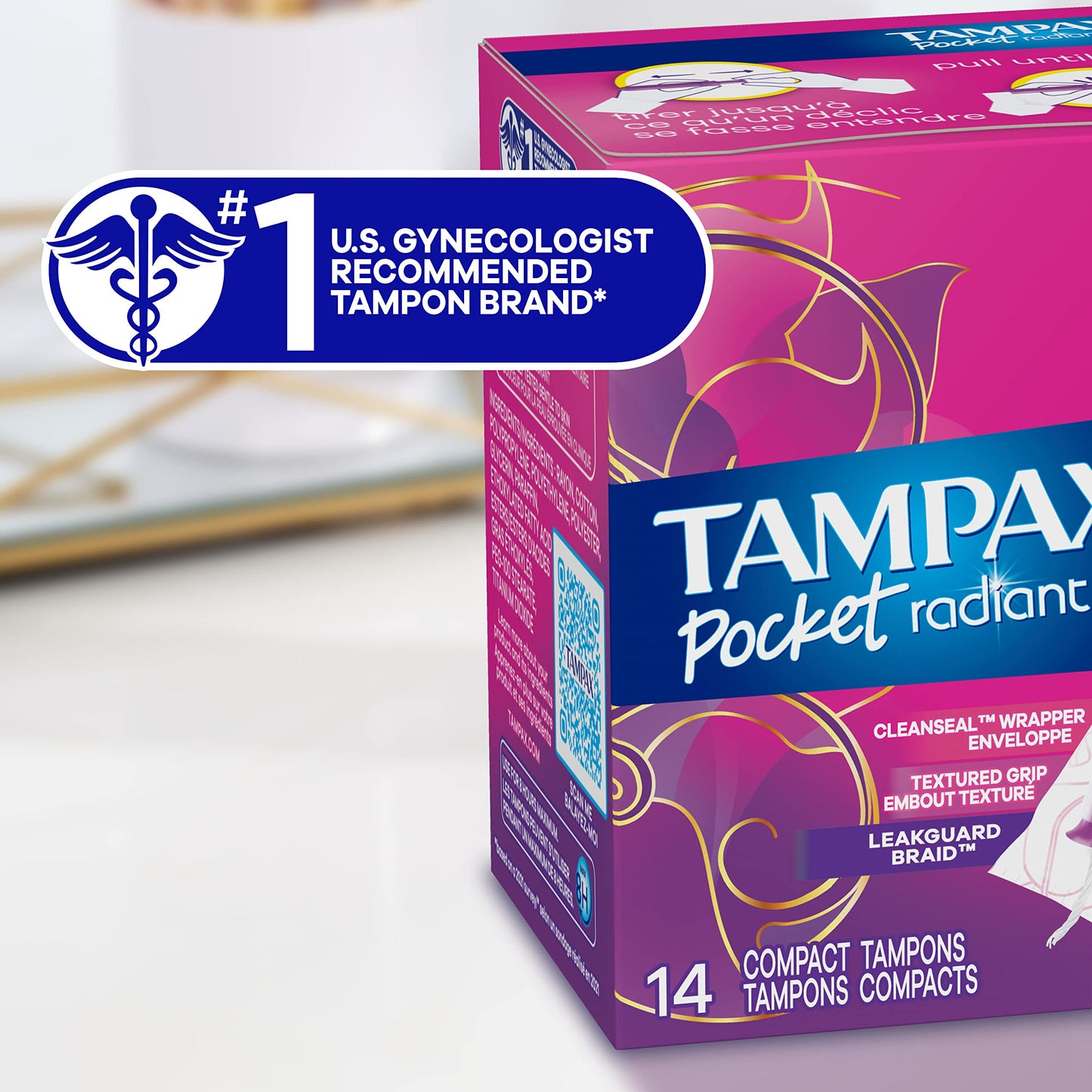 Tampax Compact Radiant Tampons, with LeakGuard Braid & Extendable Applicator, Super Absorbency, Unscented, 84 Count (3 Packs of 28)