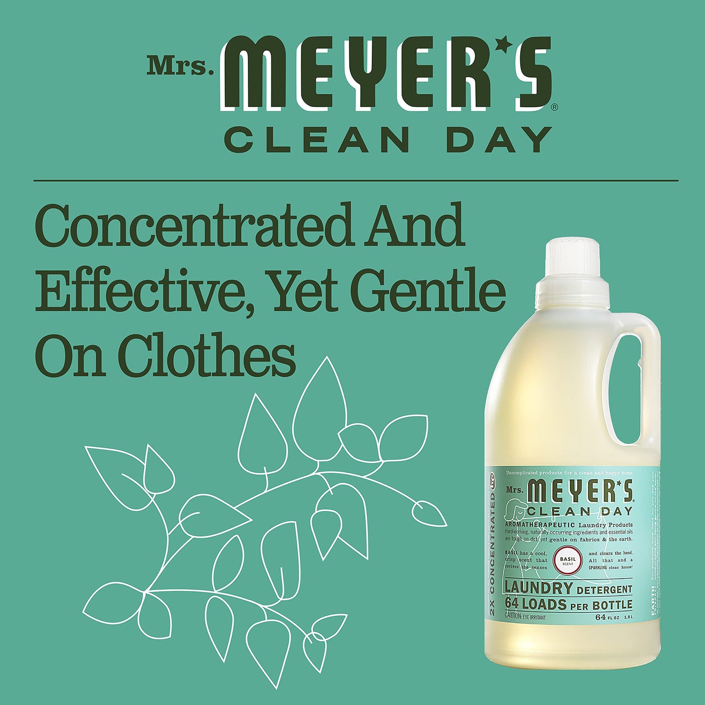 MRS. MEYER'S CLEAN DAY Liquid Laundry Detergent, Biodegradable Formula Infused with Essential Oils, Basil, 64 oz - Pack of 2 (128 Loads)