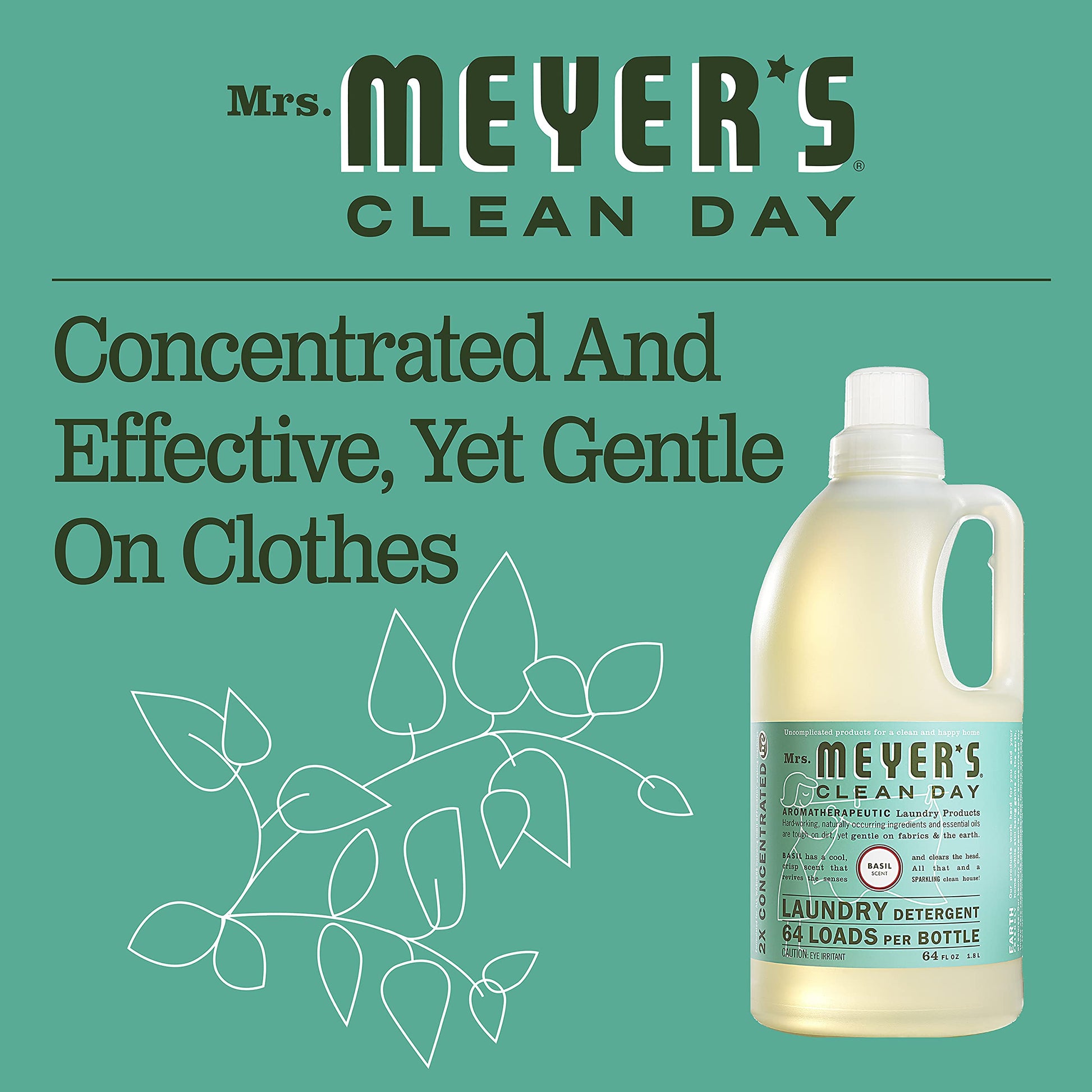 MRS. MEYER'S CLEAN DAY Liquid Laundry Detergent, Biodegradable Formula Infused with Essential Oils, Basil, 64 oz - Pack of 2 (128 Loads)
