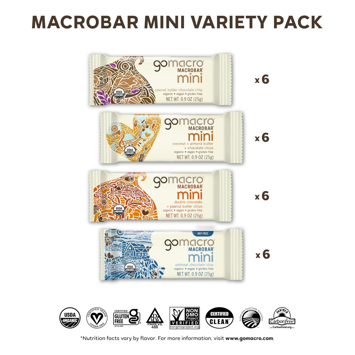 GoMacro MacroBar Mini Organic Vegan Protein Bars, Variety Pack, 0.9 Oz, 24 Count
