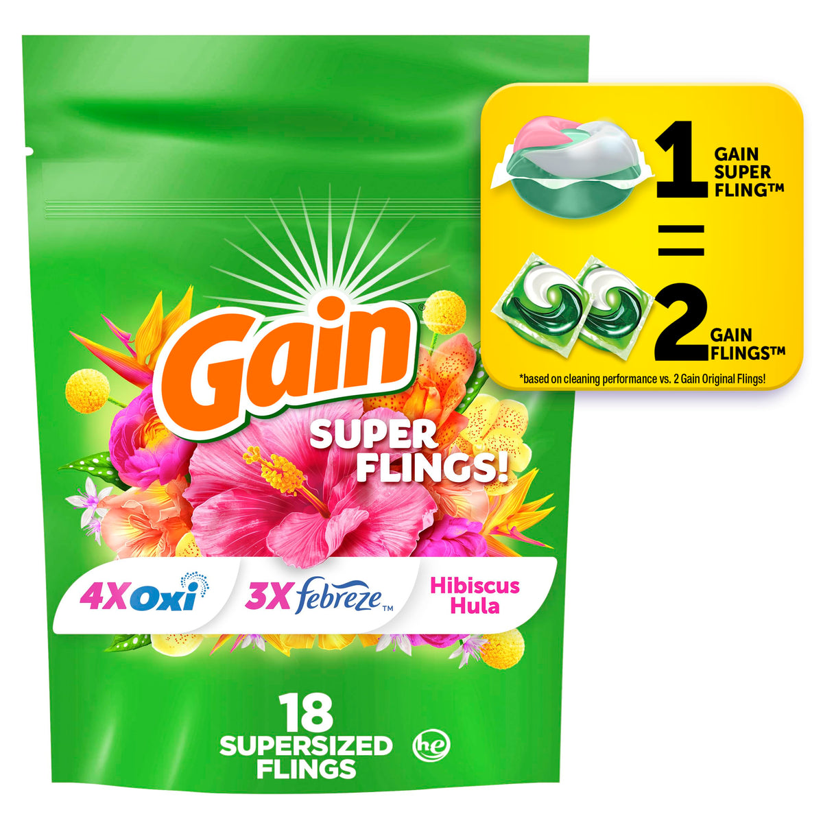 Gain Super Sized Flings Laundry Detergent Pacs, 18 Count, Hibiscus Hula Scent