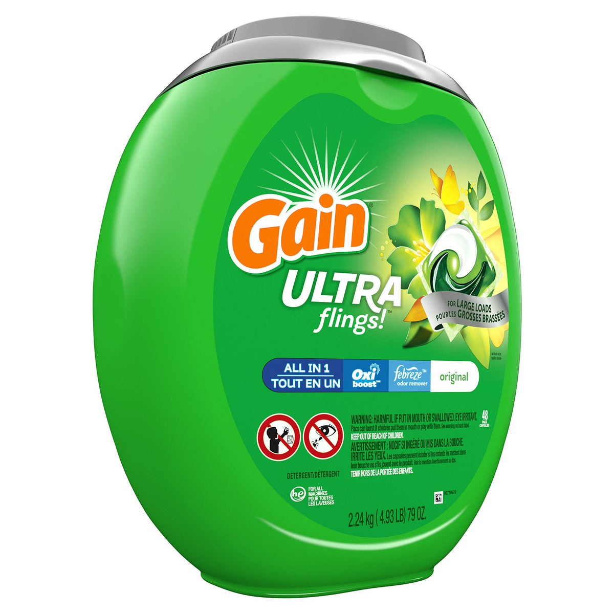 Gain Ultra flings Liquid Laundry Detergent pacs Designed for Large Loads, Original Scent, 48 Count