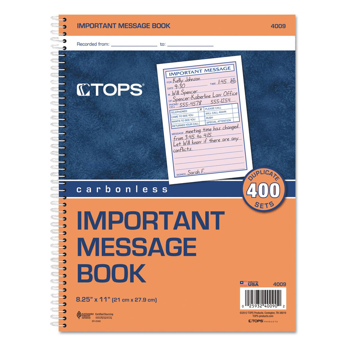 TOPS Phone Message Book, Spiral Bound, 2-Part, Carbonless, White and Canary, 4 Messages per Page, 400 Sets (4009)