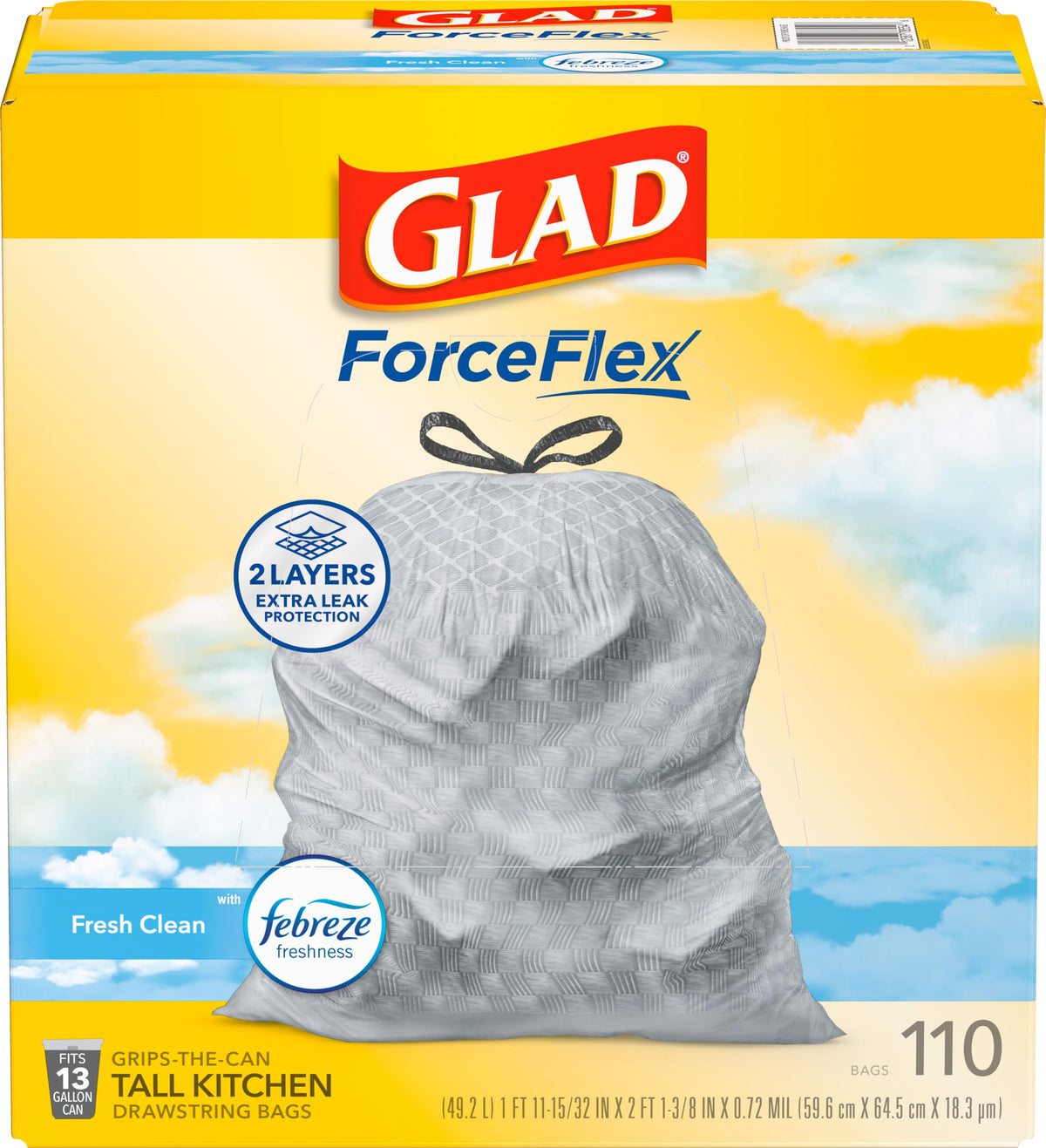 Glad Tall Kitchen Drawstring Trash Bags - Odorshield 13 Gallon White Trash Bag, Febreze Fresh Clean, 110 Count