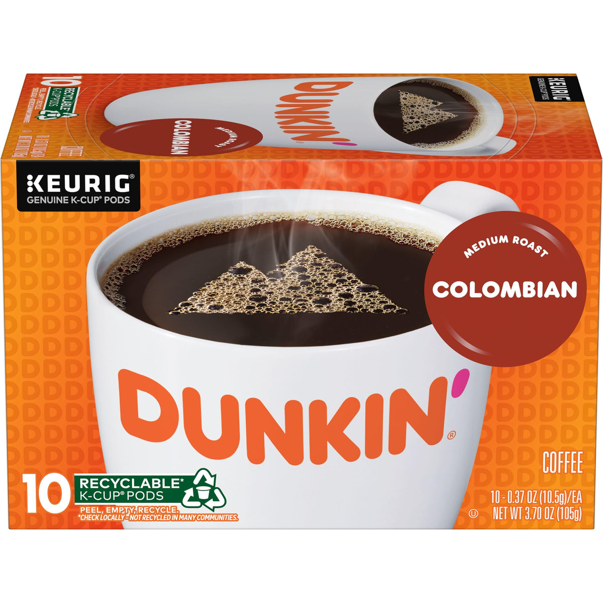 Dunkin' 100% Colombian Medium Roast Coffee, 10 Keurig K-Cup Pods
