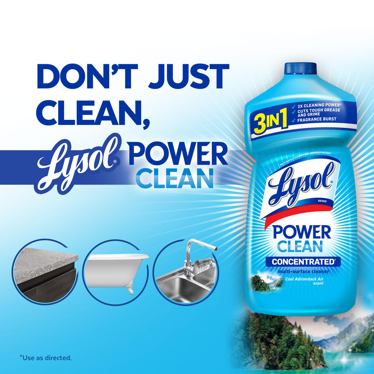 Lysol Power Clean Multi-Surface Cleaner, 2x Concentrated Pour, Cool Adirondack scent, 28 Fl Oz