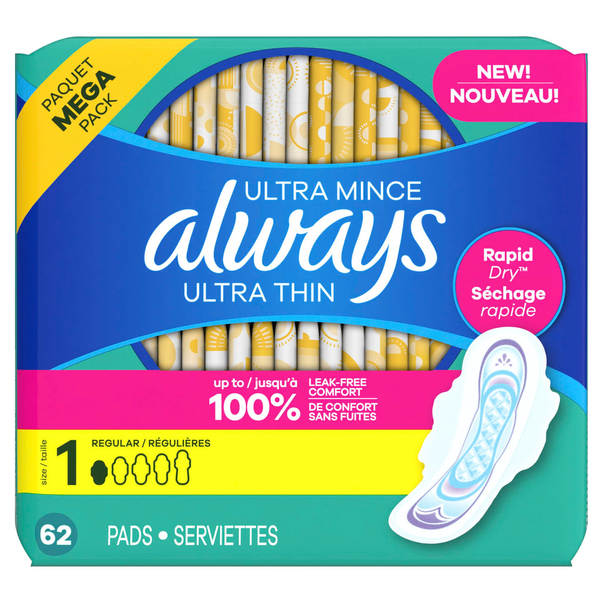 Always Ultra Thin Pads with Wings, Size 1, Regular, 62 Count