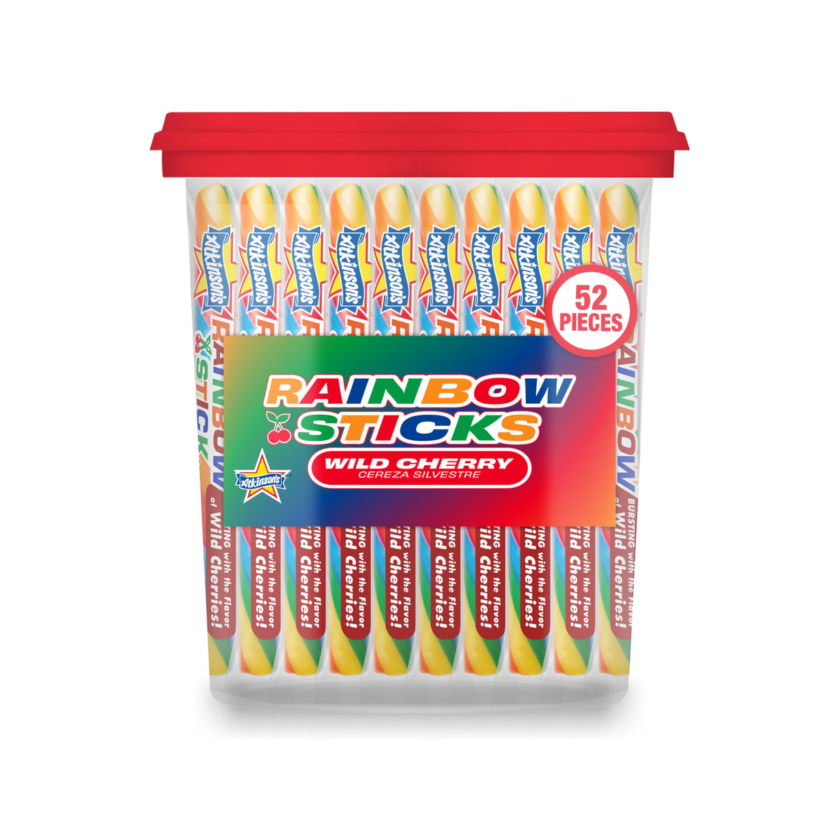 Atkinson Jumbo Rainbow Stick Wild Cherry Candy Sticks - 52 Count Jar