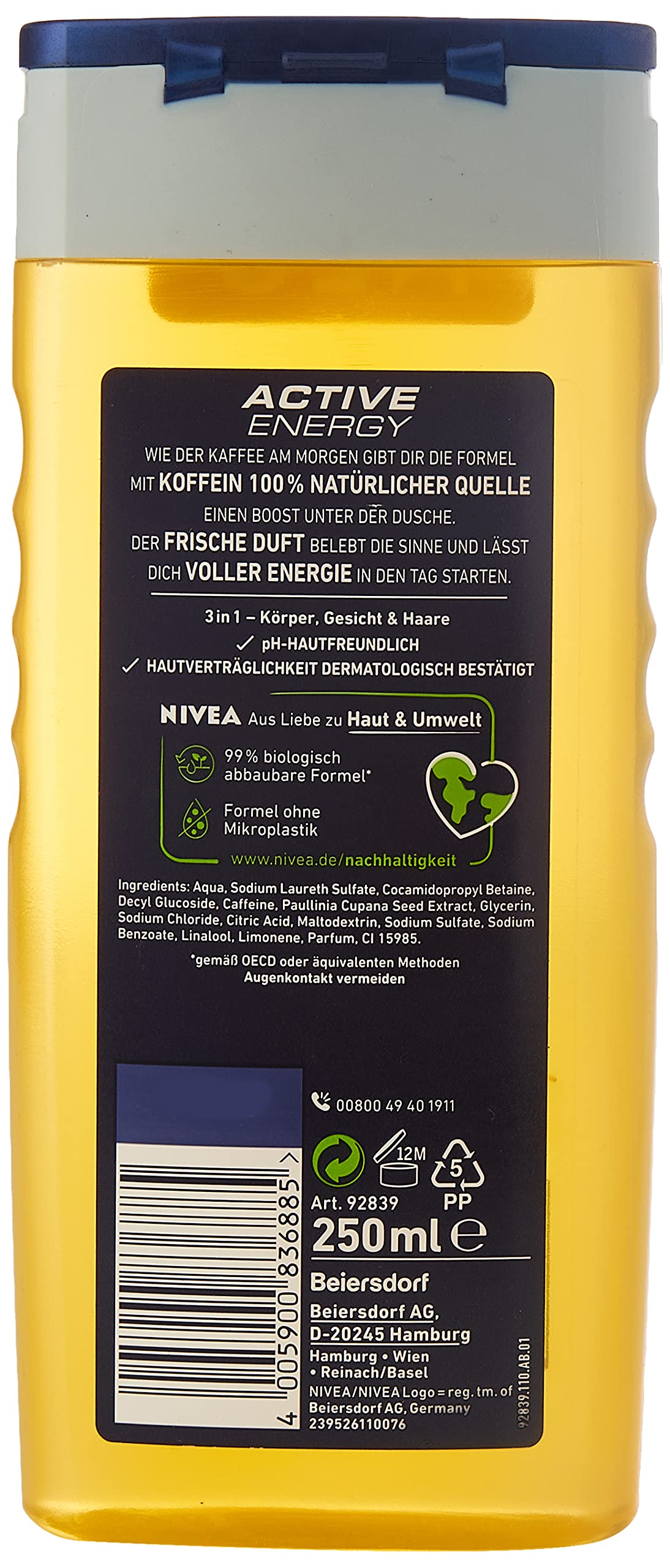 NIVEA MEN Active Energy Shower Gel (250ml), Refreshing Shower Gel with Natural Caffeine, Revitalising Shower for Body, Face and Hair