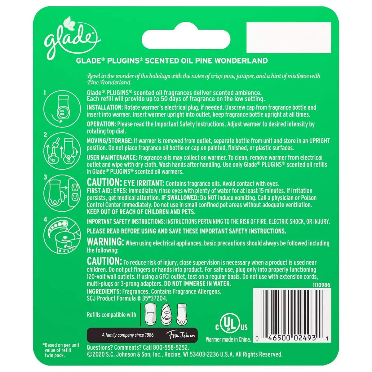 Glade Plugins Scented Oil Refill - Pine Wonderland - 1 Count Refill & 1 Count Oil Warmer Per Package - Pack of 2 Packages