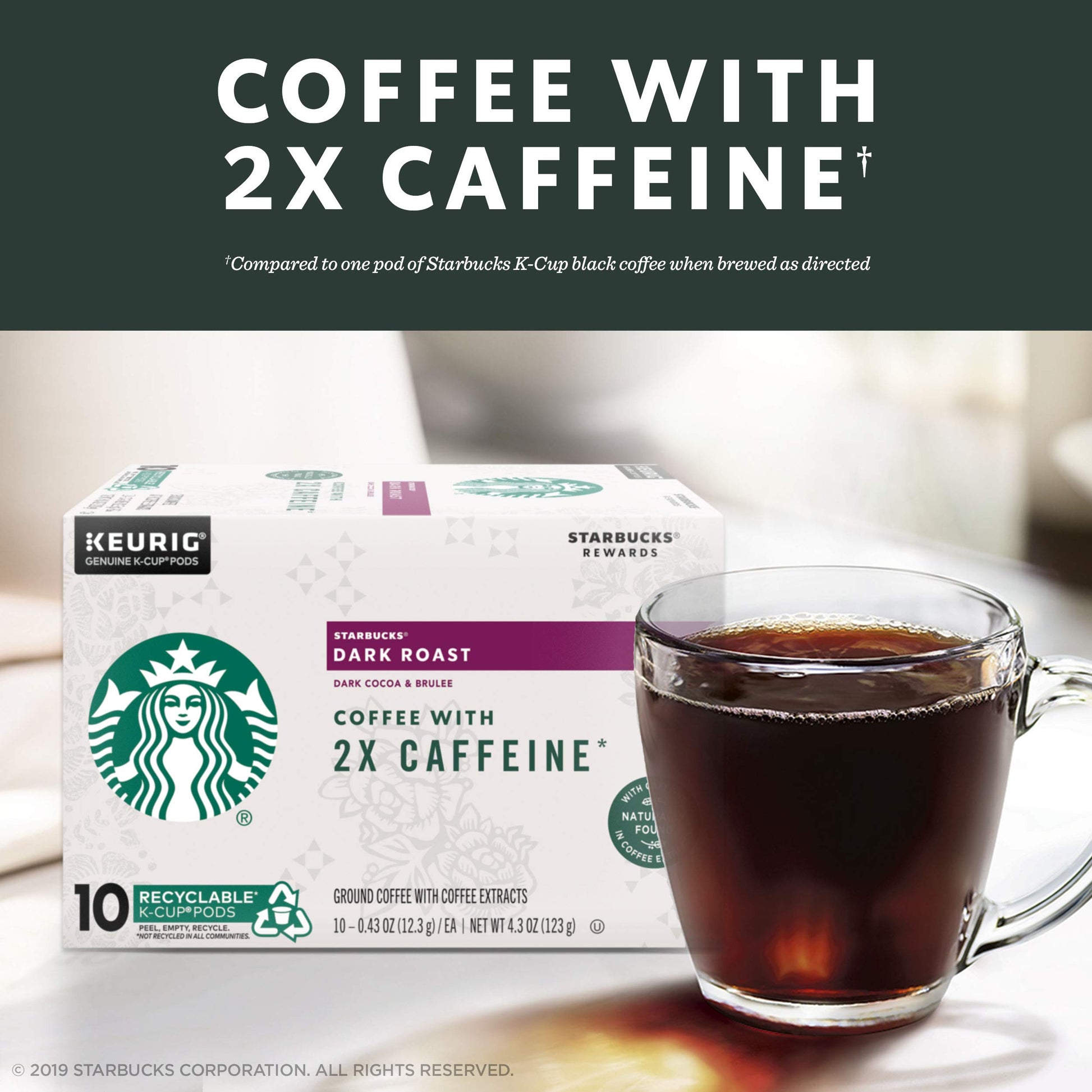 Starbucks Dark Roast K-Cup Coffee Pods with 2X Caffeine, for Keurig Brewers, 4 boxes (48 pods total)