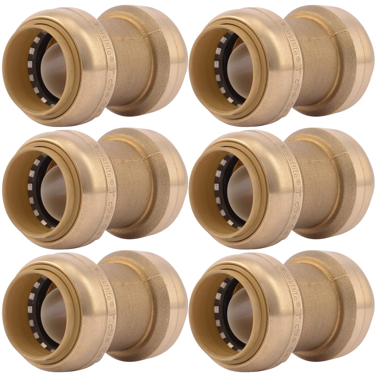 SharkBite 1 Inch Coupling, Pack of 6, Push to Connect Brass Plumbing Fitting, PEX Pipe, Copper, CPVC, PE-RT, HDPE, U020LF