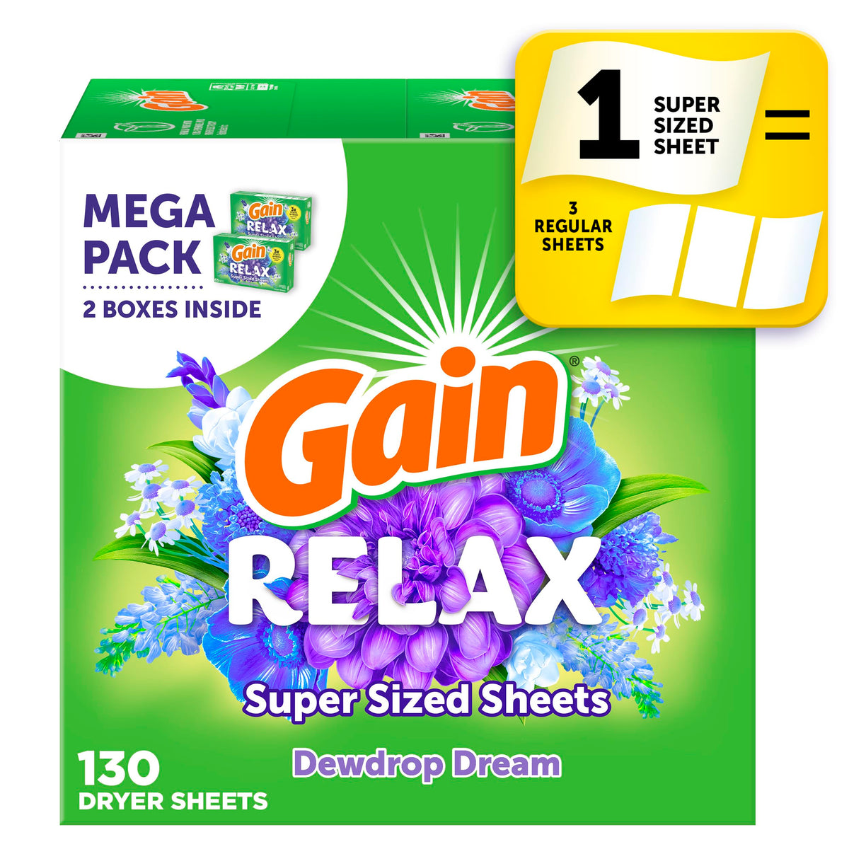 Gain Super Sized Dryer Sheets, Laundry Fabric Softener, Relax, 130 Count