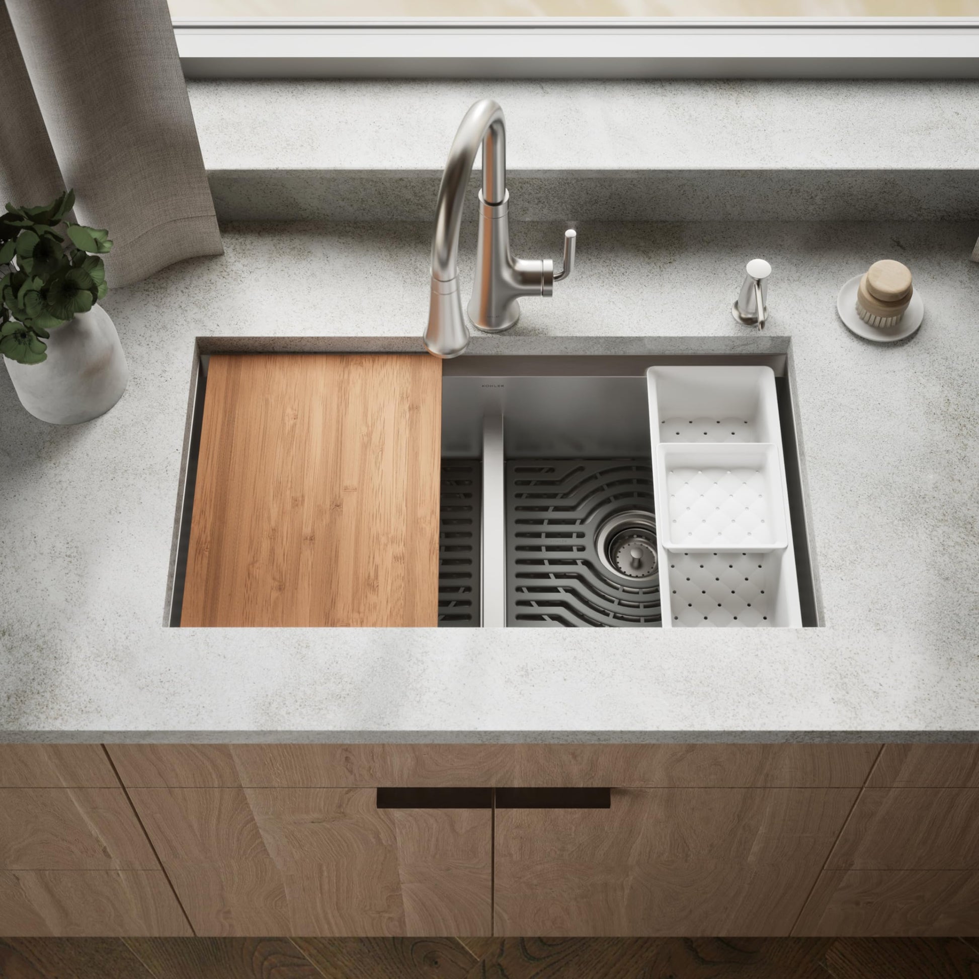 KOHLER Task Smart Divide 33" Top-/Undermount Double-Bowl Workstation Kitchen Sink, Includes Accessories, Stainless Steel, 2 Faucet Holes, K-80085-2PC-NA