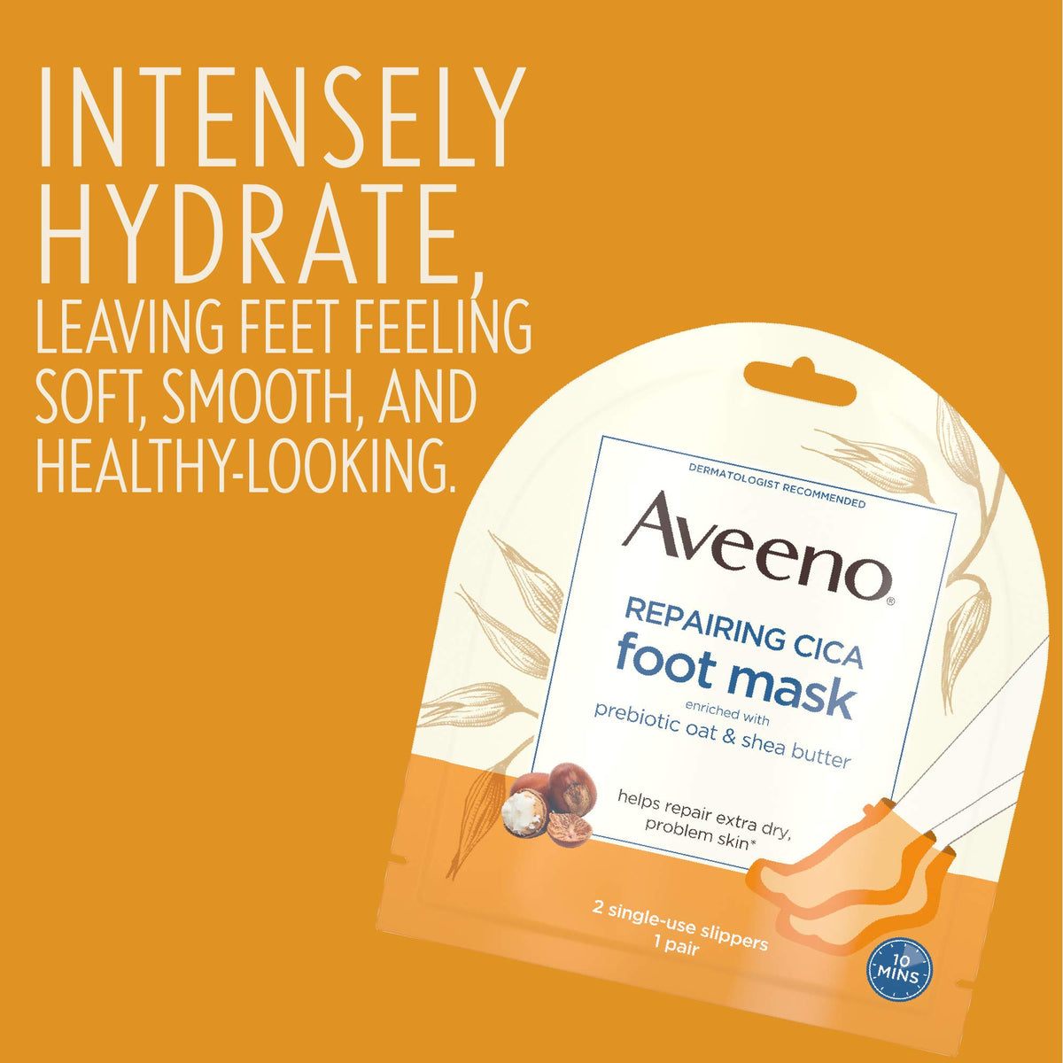 Aveeno Repairing CICA Foot Mask with Prebiotic Oat and Shea Butter, Moisturizing Foot Mask for Extra Dry Skin, 6 Pairs of Single-Use Slippers