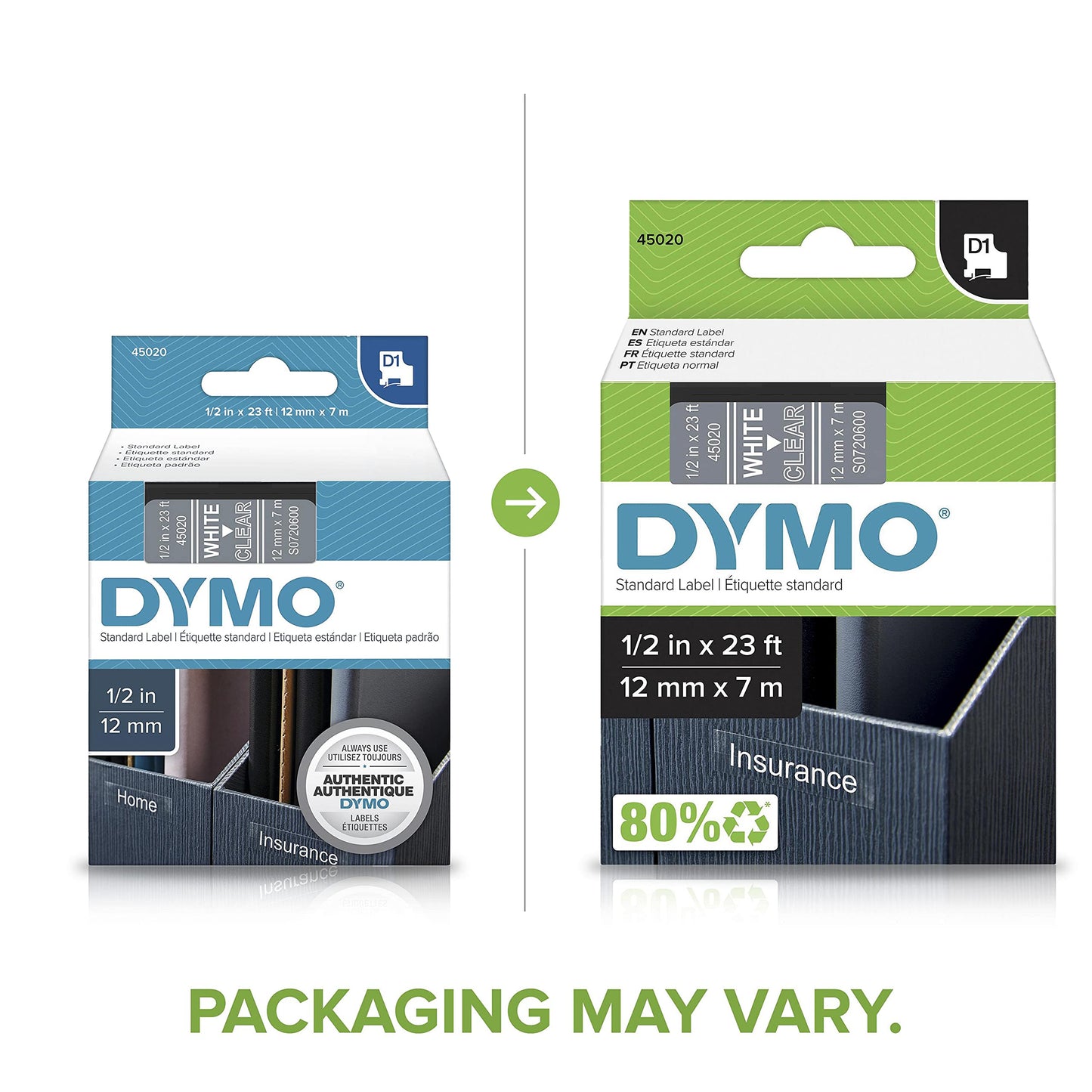 DYMO Standard D1 Labeling Tape for LabelManager Label Makers, White Print on Clear Tape, 1/2'' W x 23' L, 1 Cartridge