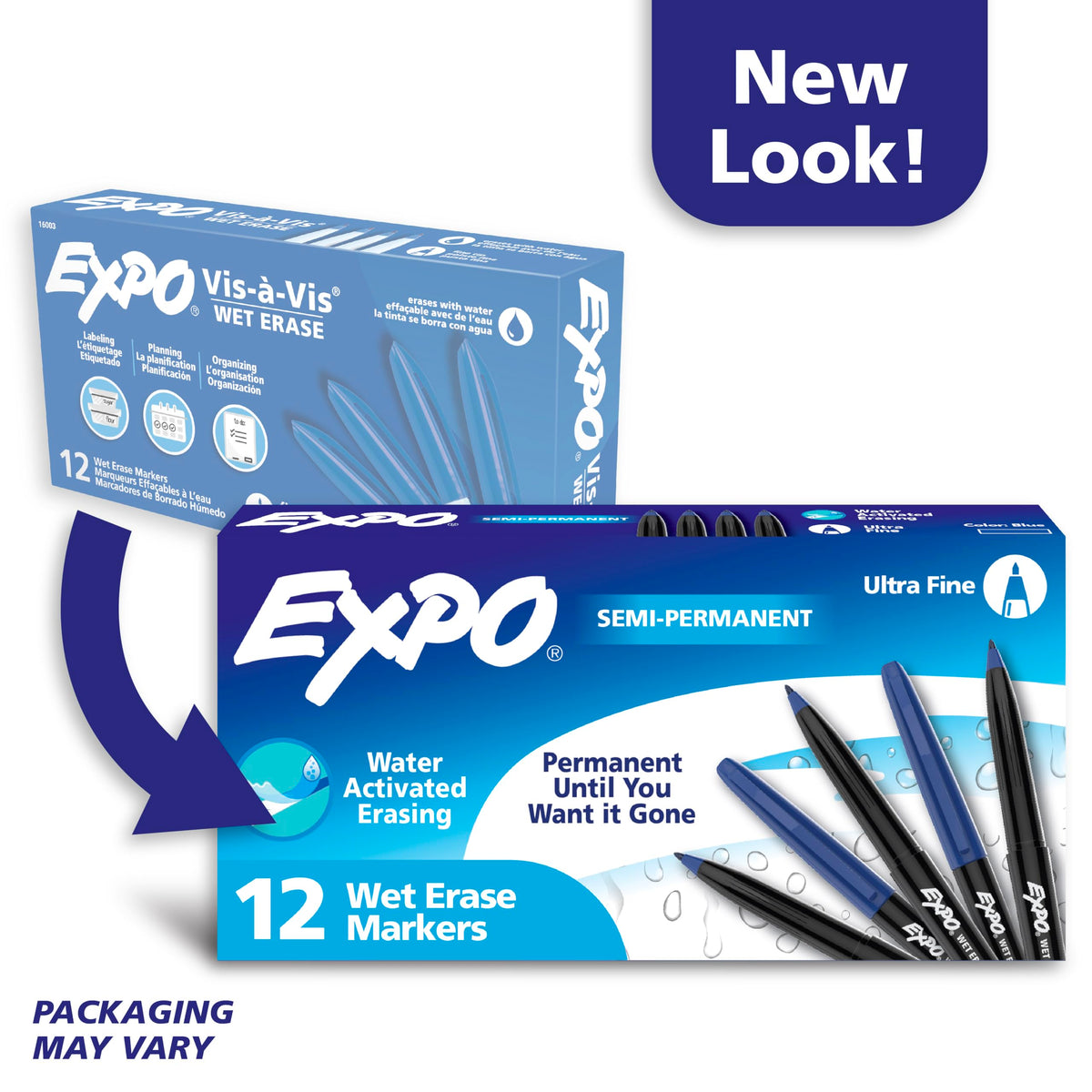 EXPO Wet Erase Markers, Semi-Permanent Markers, Blue, Ultra Fine Tip, 12 Count