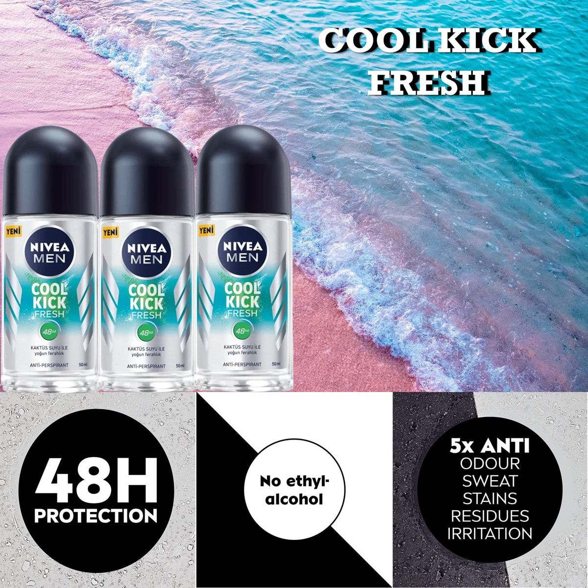 Nivea Cool Kick Fresh Roll-On Deodorant, Antiperspirant, Free Alcohol,Pack Of 3