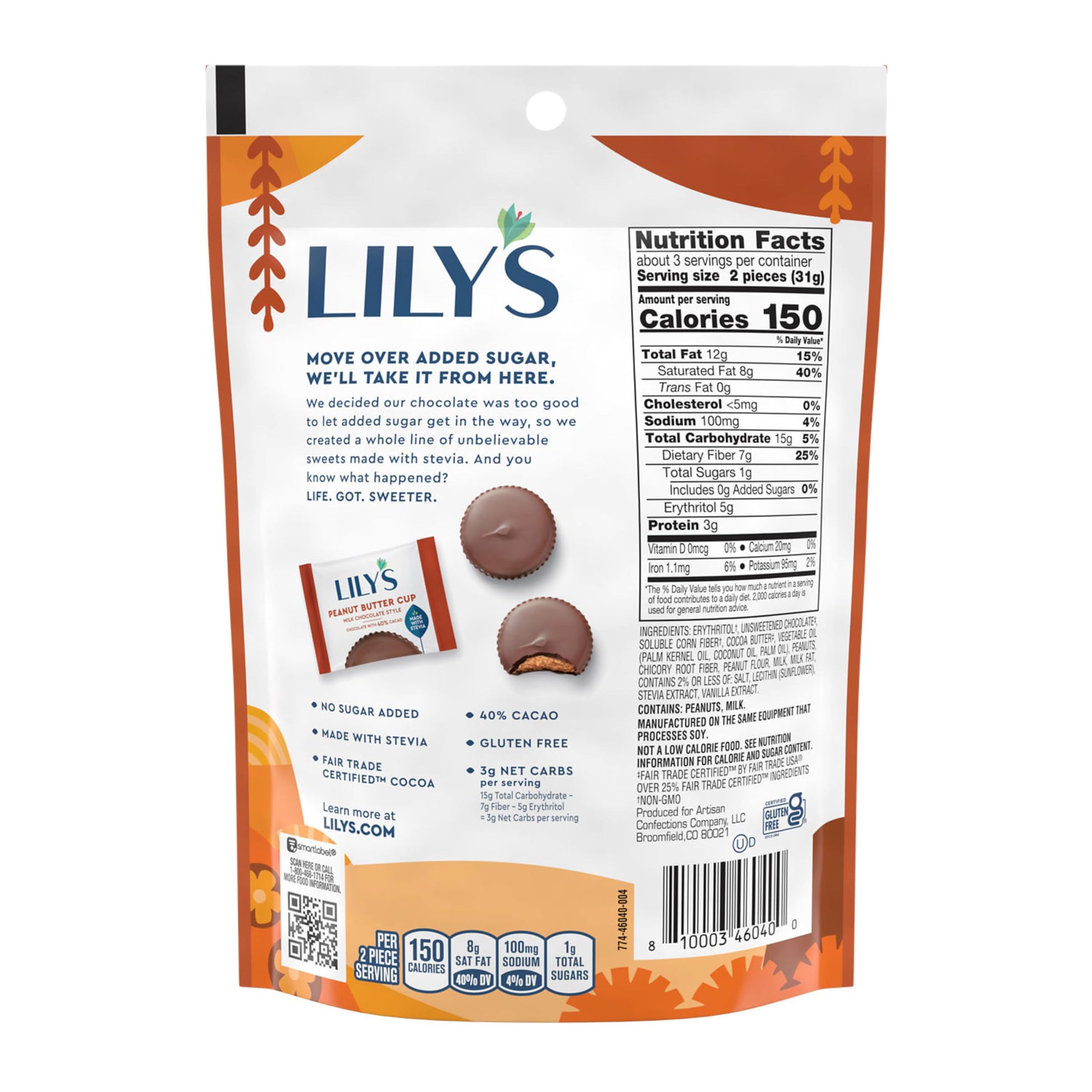 LILY'S Milk Chocolate Style Peanut Butter Cups No Sugar Added, Sweets Bag, 3.2 oz